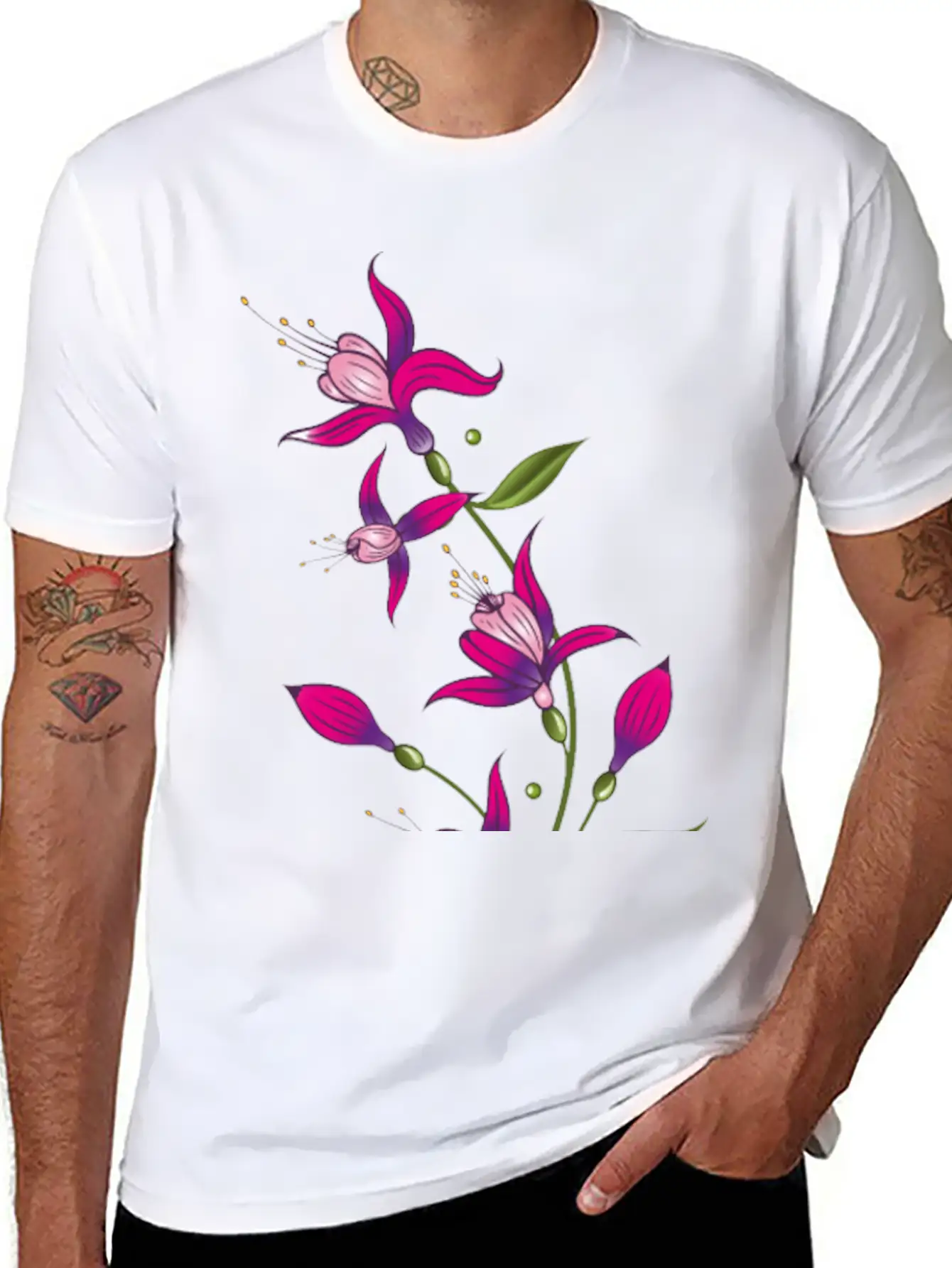 Summer Flowers, Fuchsias. Purple, Pink. Basic Graphic T-Shirt ¨C Daily Comfort In Soft Cotton