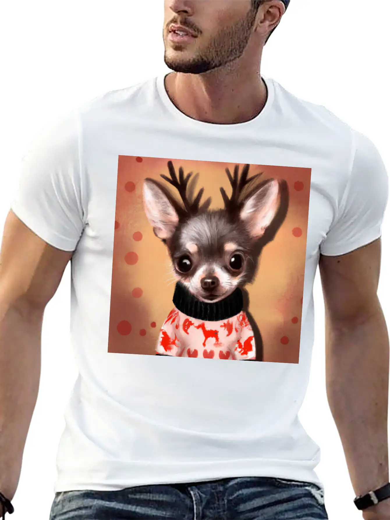 Sweet Happy, Dog Chihuahua In A Christmas Sweater Basic Graphic T-Shirt ¨C Daily Comfort In Soft Cotton