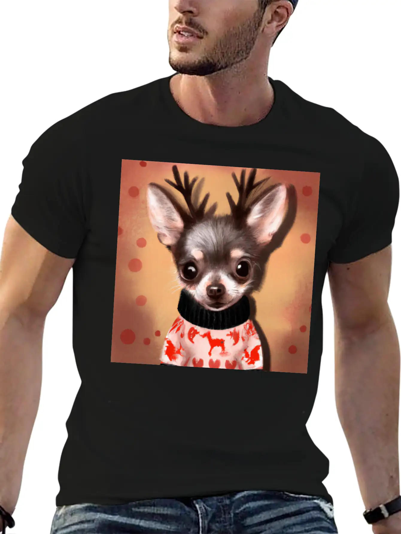 Sweet Happy, Dog Chihuahua In A Christmas Sweater Basic Graphic T-Shirt ¨C Daily Comfort In Soft Cotton