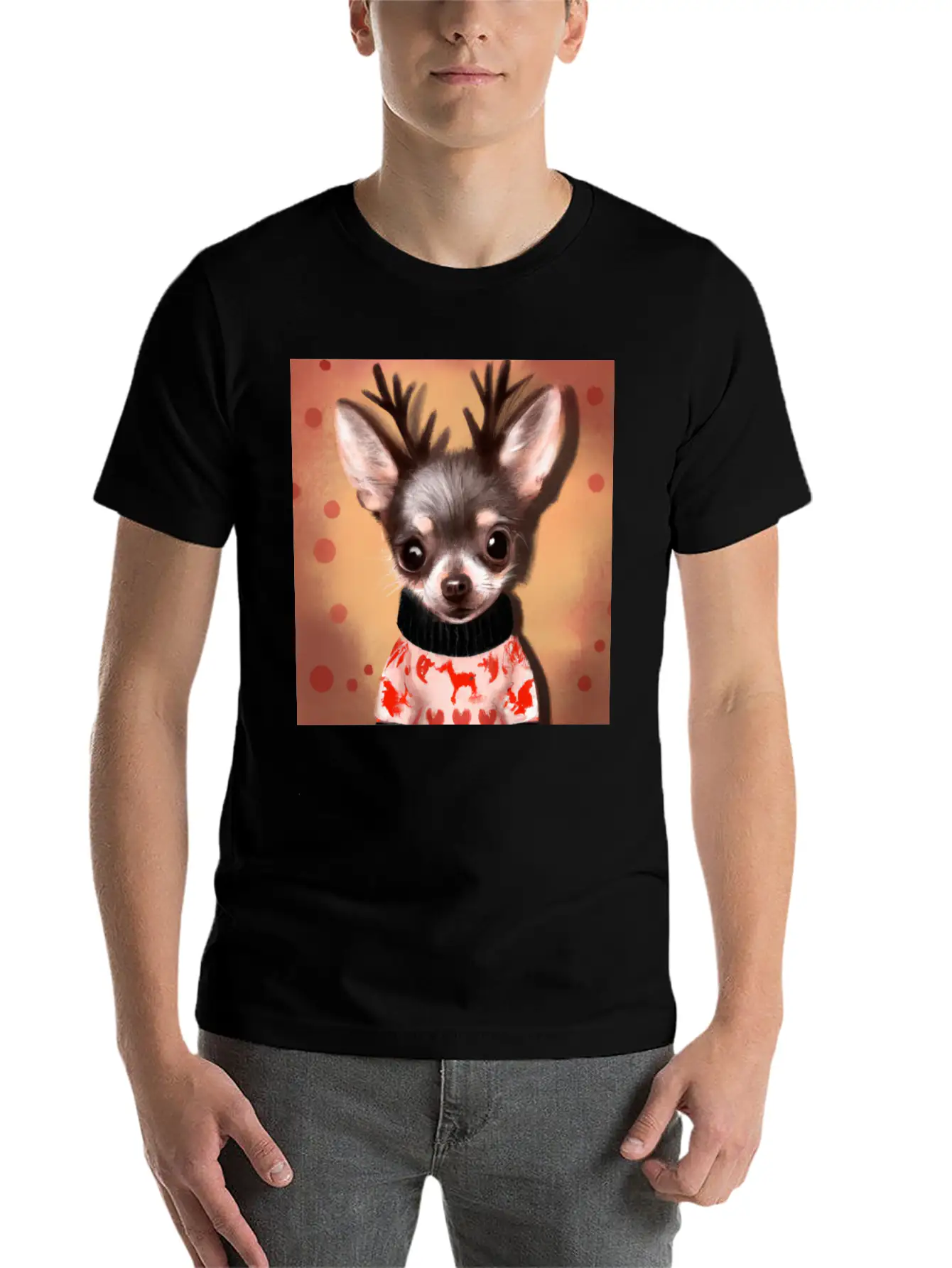 Sweet Happy, Dog Chihuahua In A Christmas Sweater Basic Graphic T-Shirt ¨C Daily Comfort In Soft Cotton