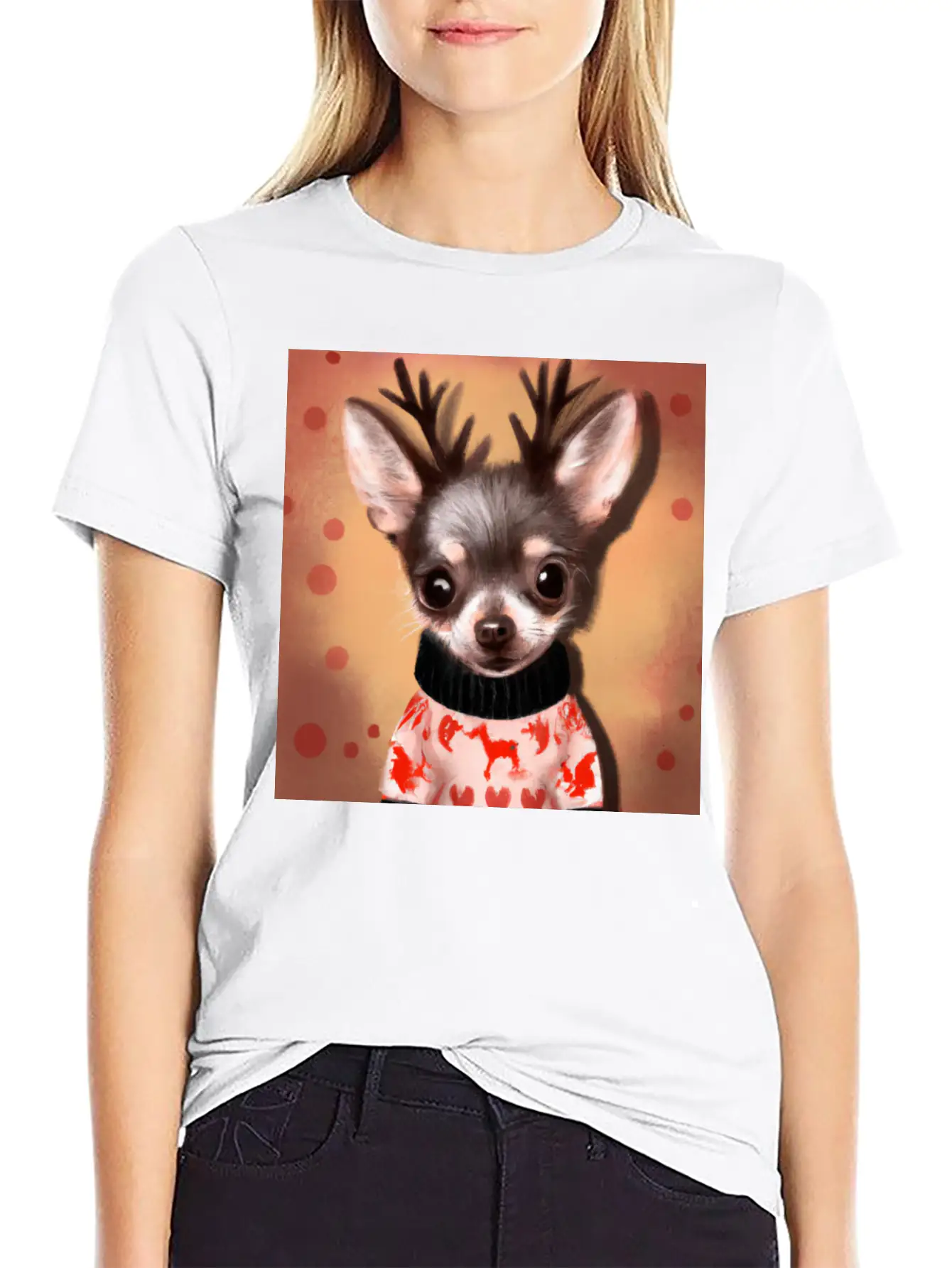 Sweet Happy, Dog Chihuahua In A Christmas Sweater Basic Graphic T-Shirt ¨C Daily Comfort In Soft Cotton
