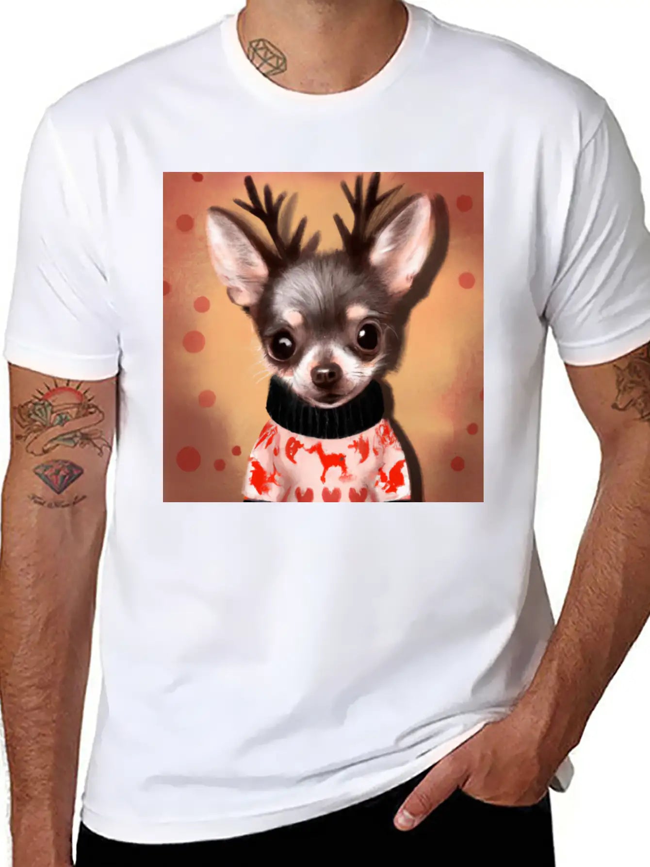 Sweet Happy, Dog Chihuahua In A Christmas Sweater Basic Graphic T-Shirt ¨C Daily Comfort In Soft Cotton