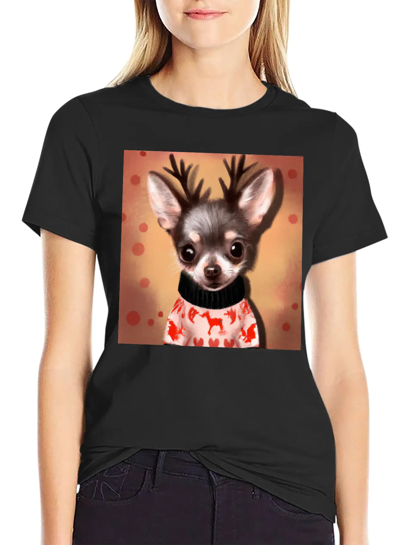 Sweet Happy, Dog Chihuahua In A Christmas Sweater Basic Graphic T-Shirt ¨C Daily Comfort In Soft Cotton