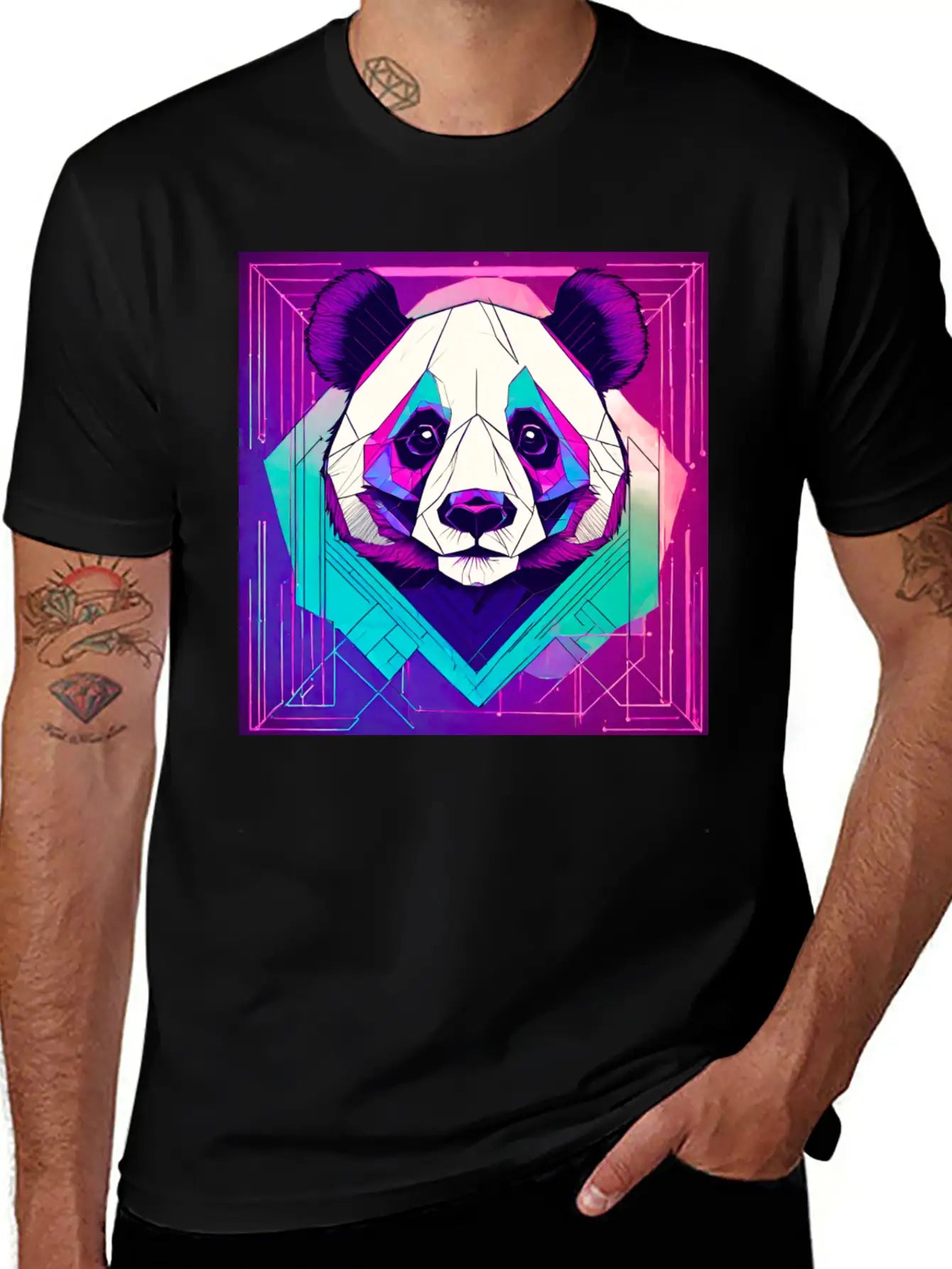 Synthwave Neon Geo Panda Essential Cotton Tee For Daily Outfits ¨C Unisex Style