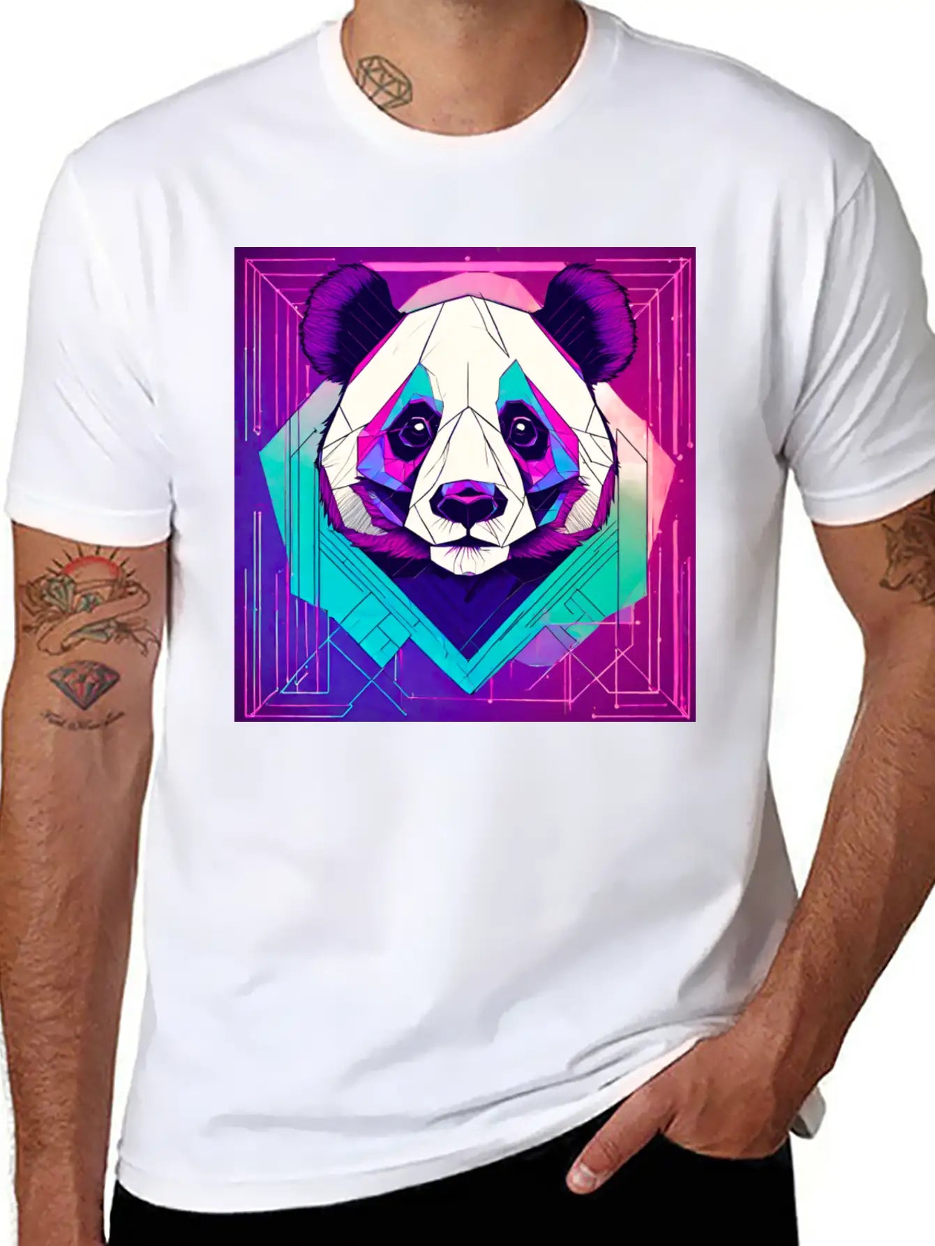 Synthwave Neon Geo Panda Essential Cotton Tee For Daily Outfits ¨C Unisex Style