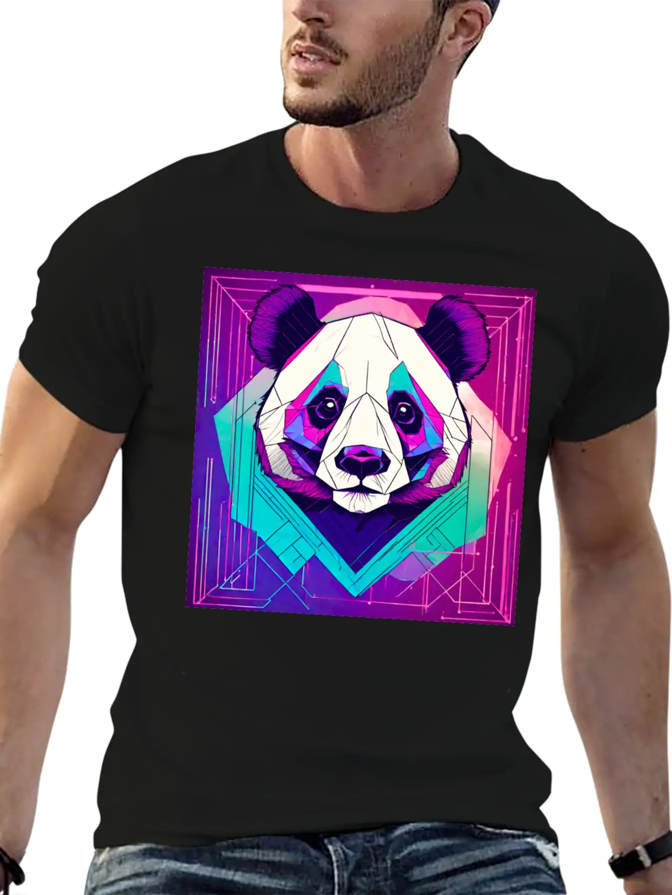 Synthwave Neon Geo Panda Essential Cotton Tee For Daily Outfits ¨C Unisex Style