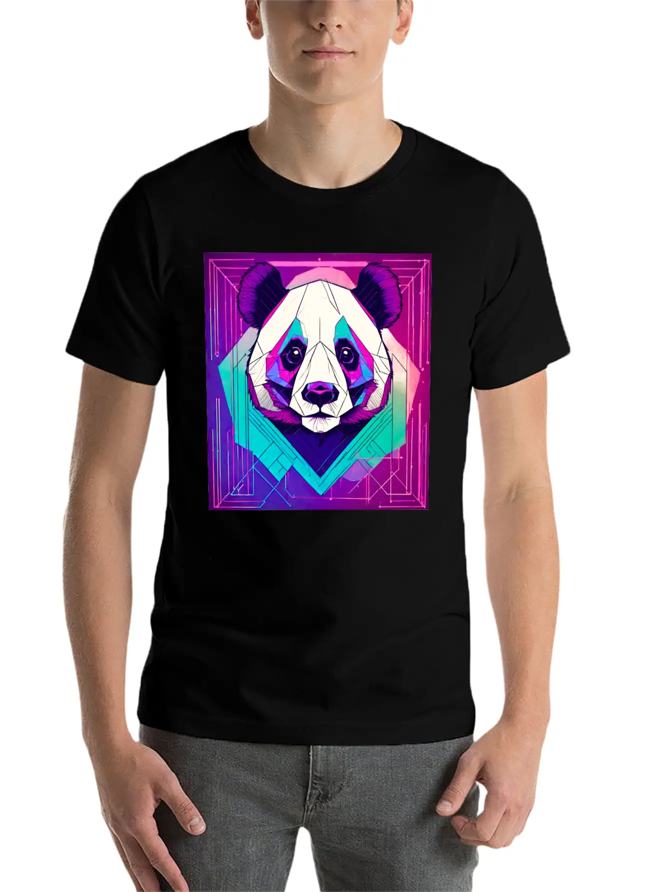 Synthwave Neon Geo Panda Essential Cotton Tee For Daily Outfits ¨C Unisex Style