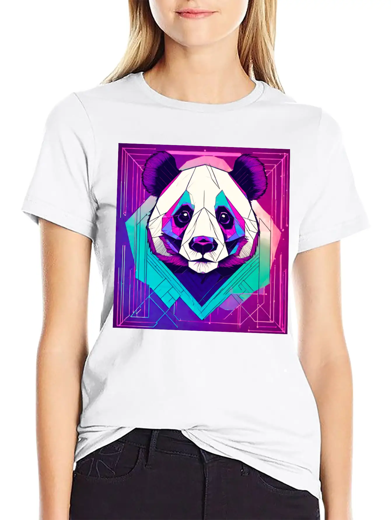 Synthwave Neon Geo Panda Essential Cotton Tee For Daily Outfits ¨C Unisex Style