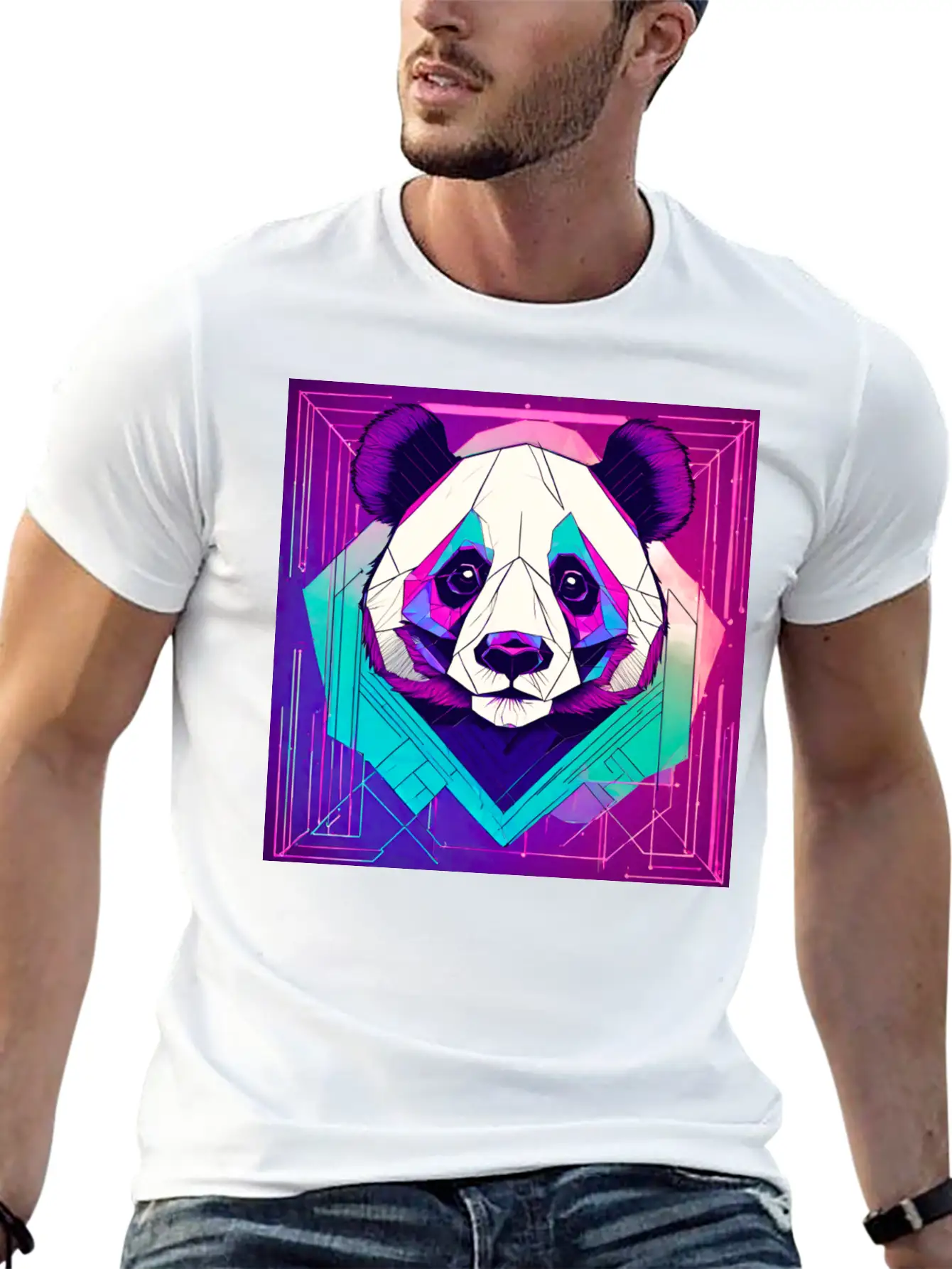 Synthwave Neon Geo Panda Essential Cotton Tee For Daily Outfits ¨C Unisex Style