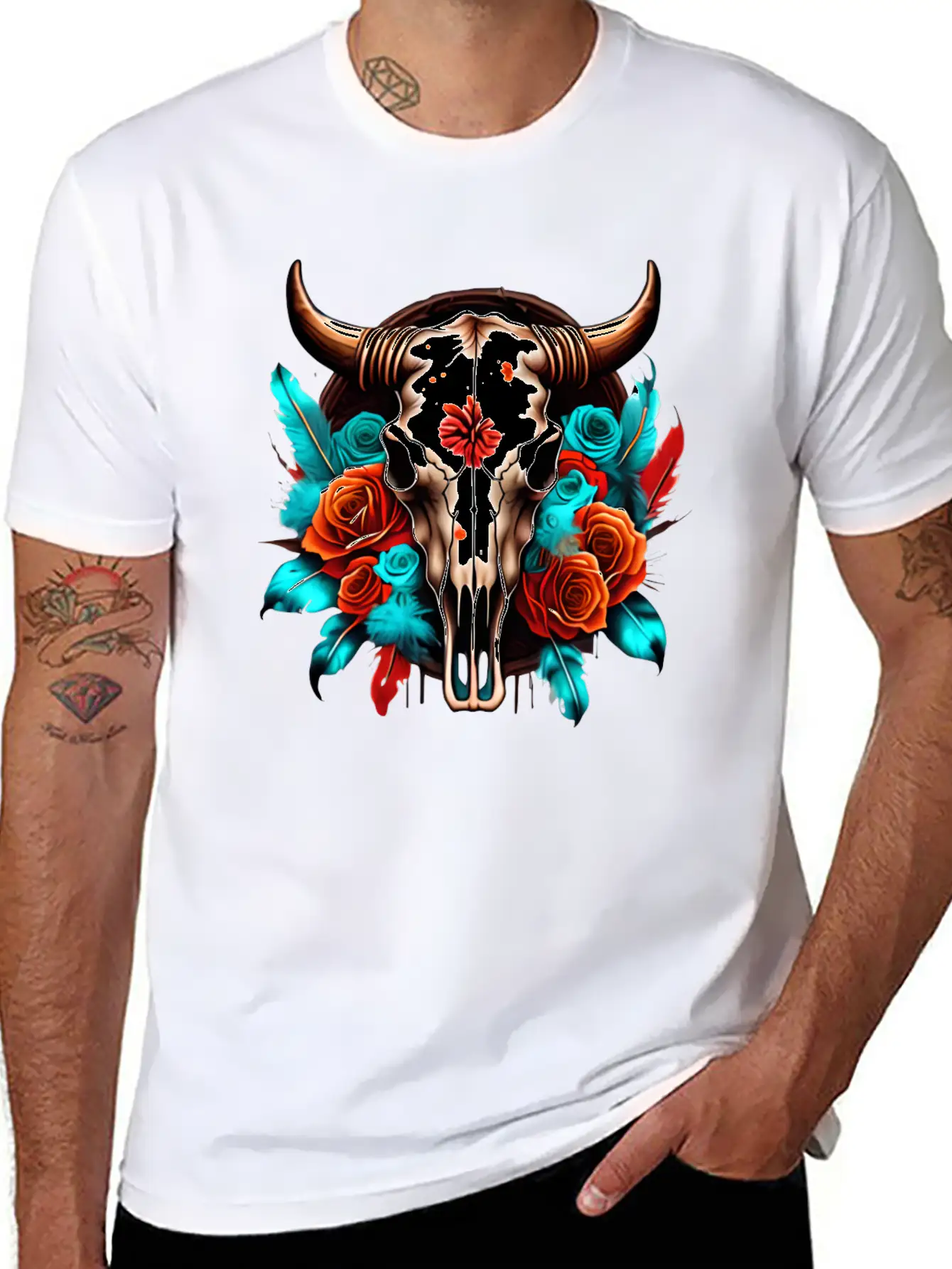 Teal Cow Skull Floral Soft Cotton Short Sleeve Tee ¨C Unisex Wardrobe Staple