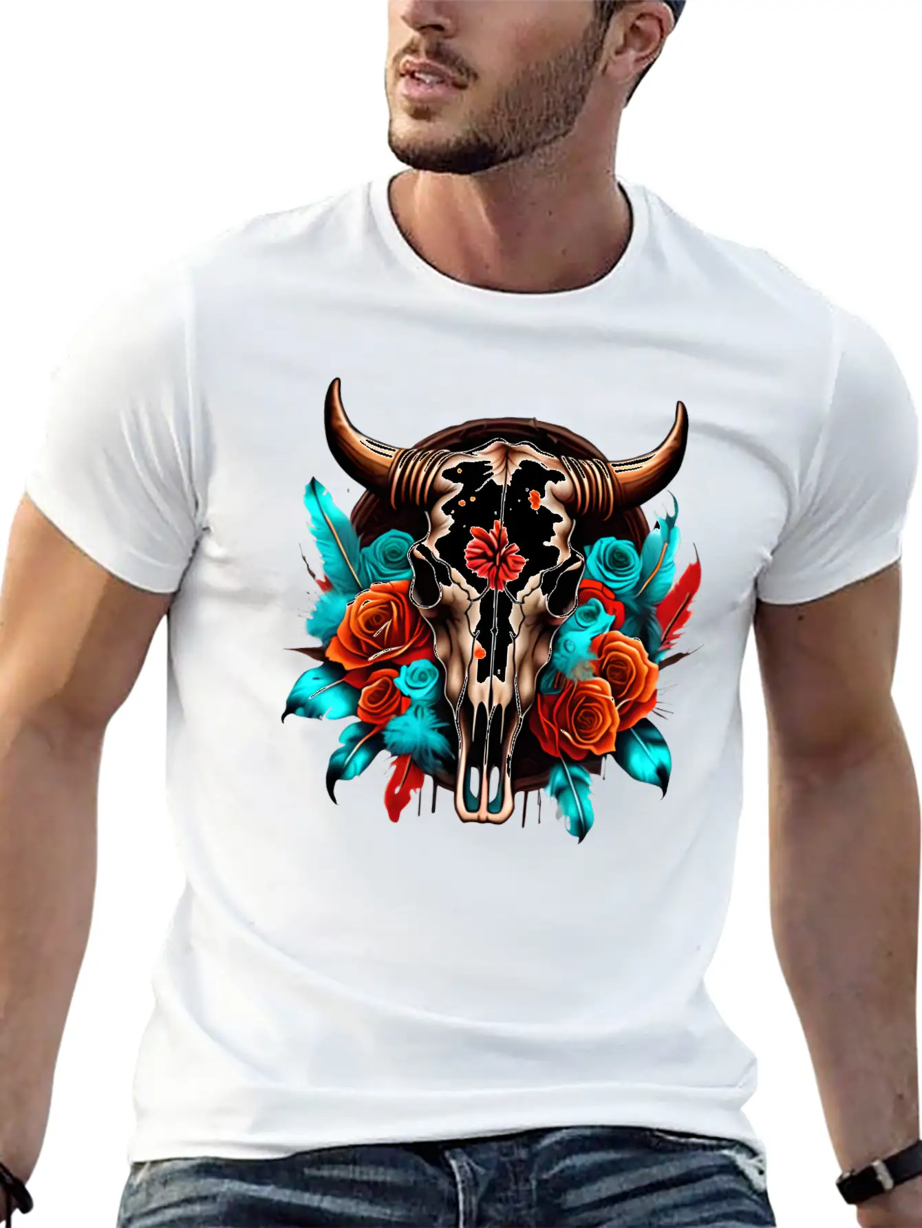 Teal Cow Skull Floral Soft Cotton Short Sleeve Tee ¨C Unisex Wardrobe Staple