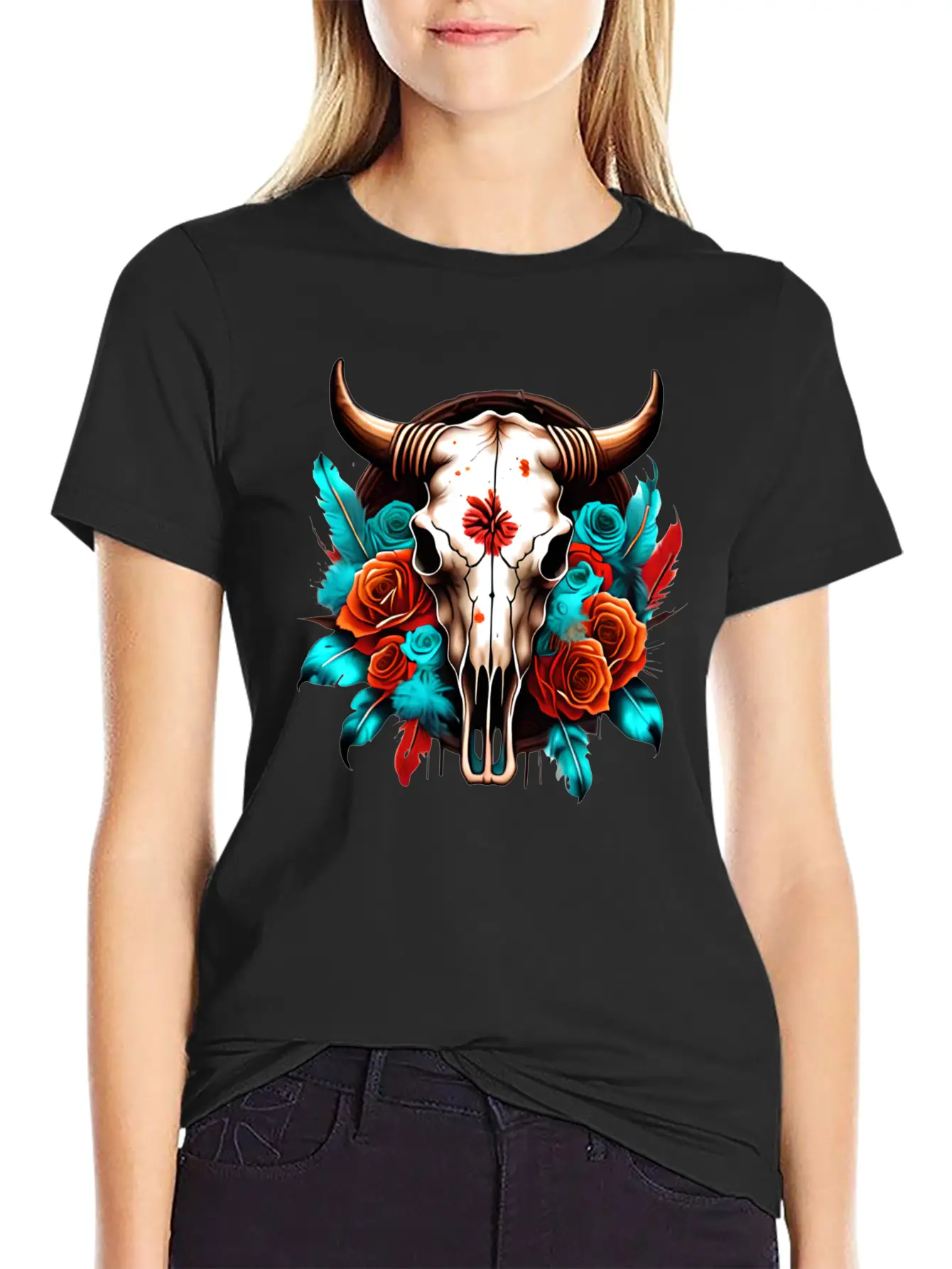Teal Cow Skull Floral Soft Cotton Short Sleeve Tee ¨C Unisex Wardrobe Staple