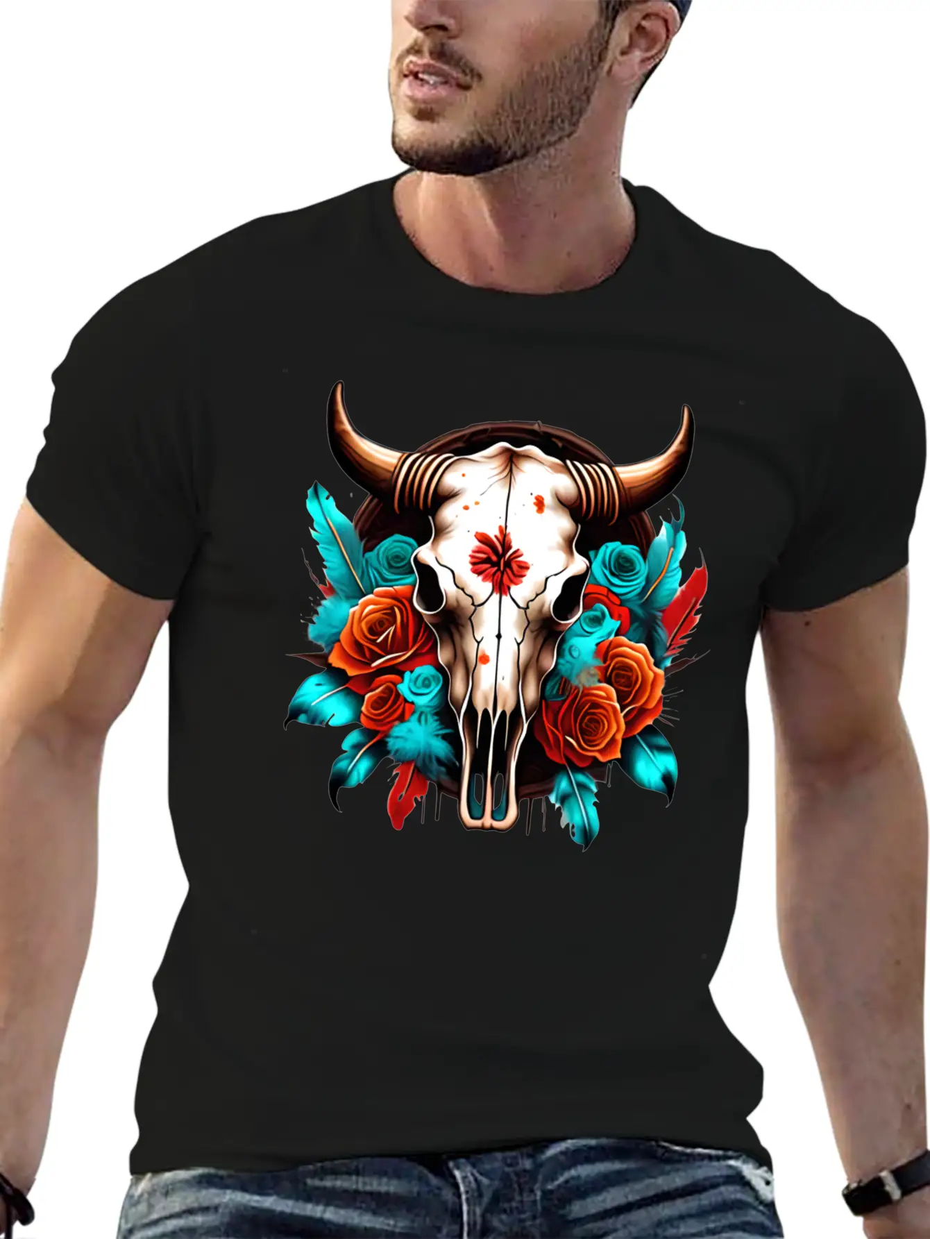 Teal Cow Skull Floral Soft Cotton Short Sleeve Tee ¨C Unisex Wardrobe Staple