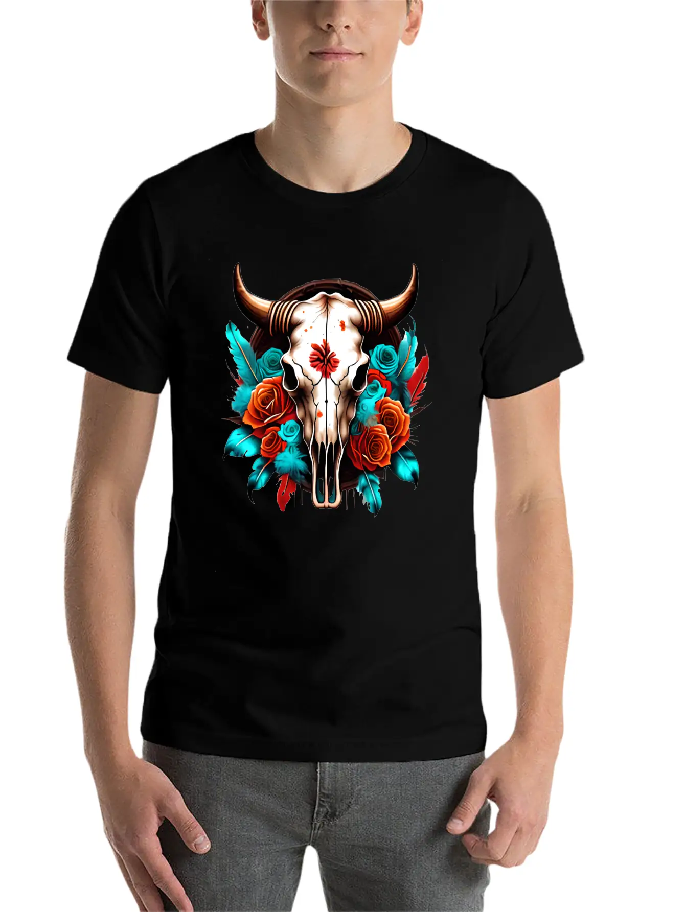 Teal Cow Skull Floral Soft Cotton Short Sleeve Tee ¨C Unisex Wardrobe Staple