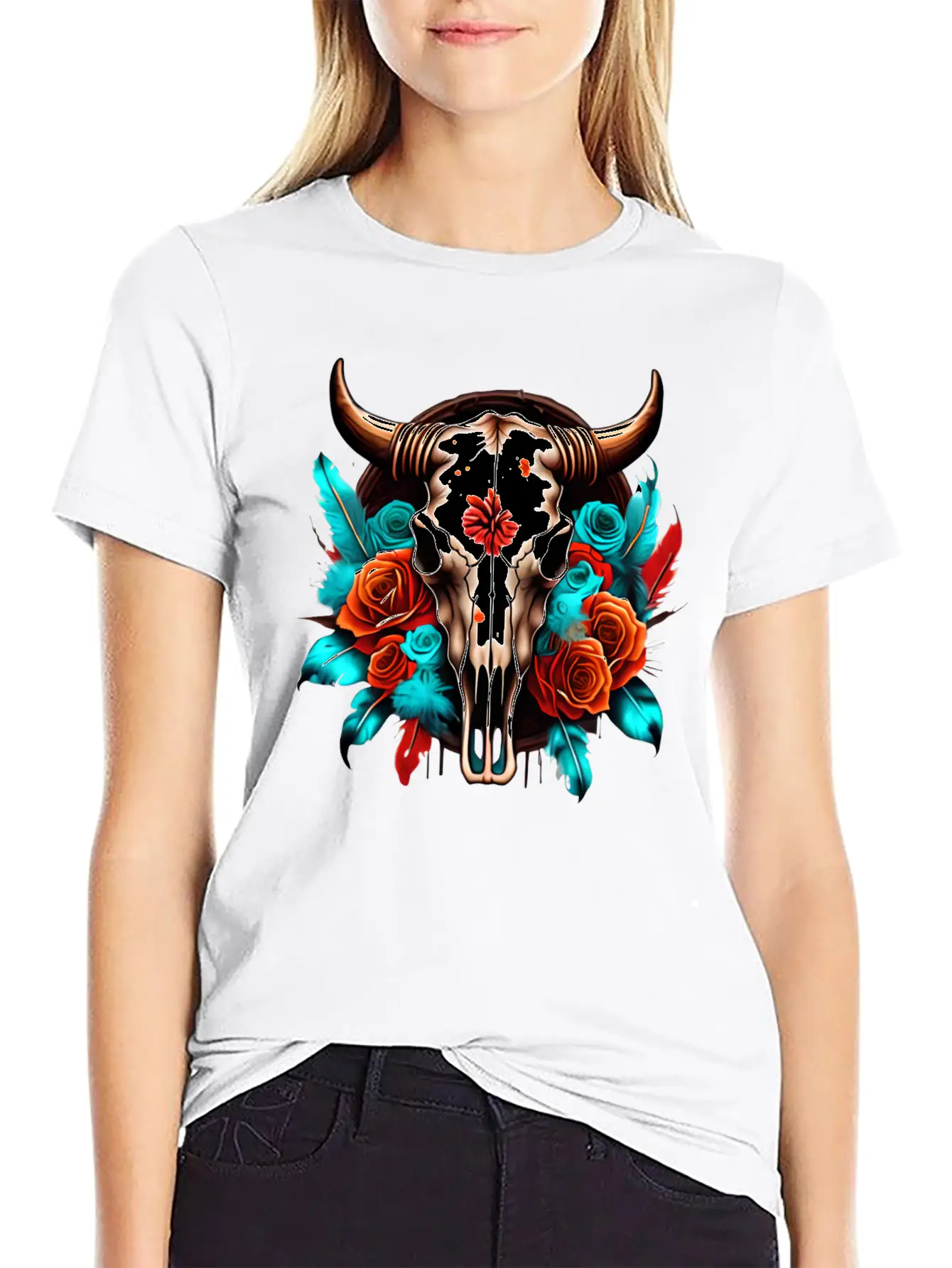 Teal Cow Skull Floral Soft Cotton Short Sleeve Tee ¨C Unisex Wardrobe Staple