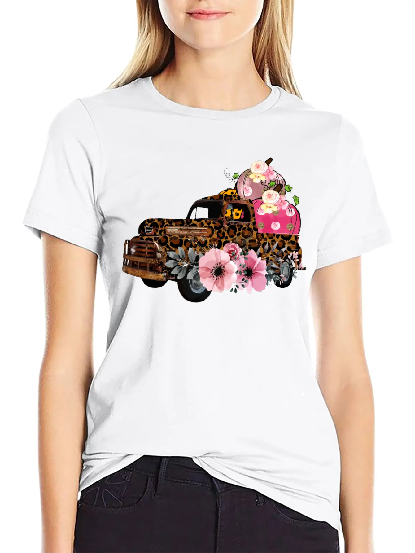 Thanksgiving Fall Leopard Old Truck Pumpkins Soft Cotton Short Sleeve Tee ¨C Unisex Wardrobe Staple