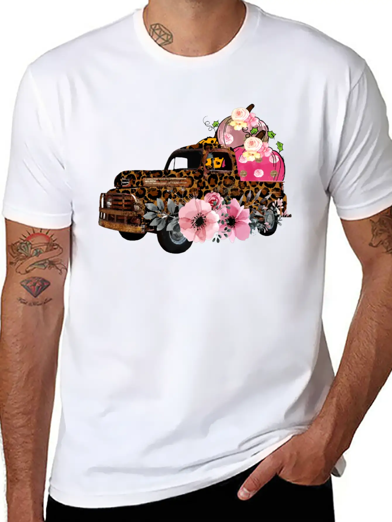 Thanksgiving Fall Leopard Old Truck Pumpkins Soft Cotton Short Sleeve Tee ¨C Unisex Wardrobe Staple