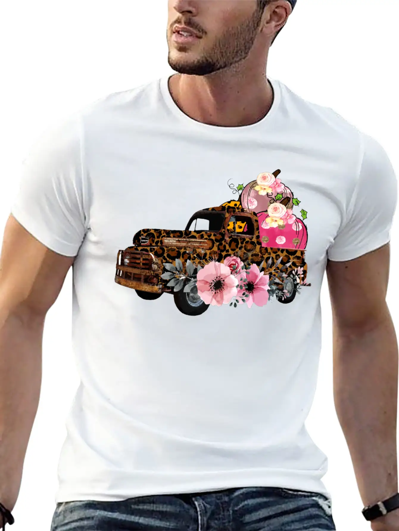 Thanksgiving Fall Leopard Old Truck Pumpkins Soft Cotton Short Sleeve Tee ¨C Unisex Wardrobe Staple