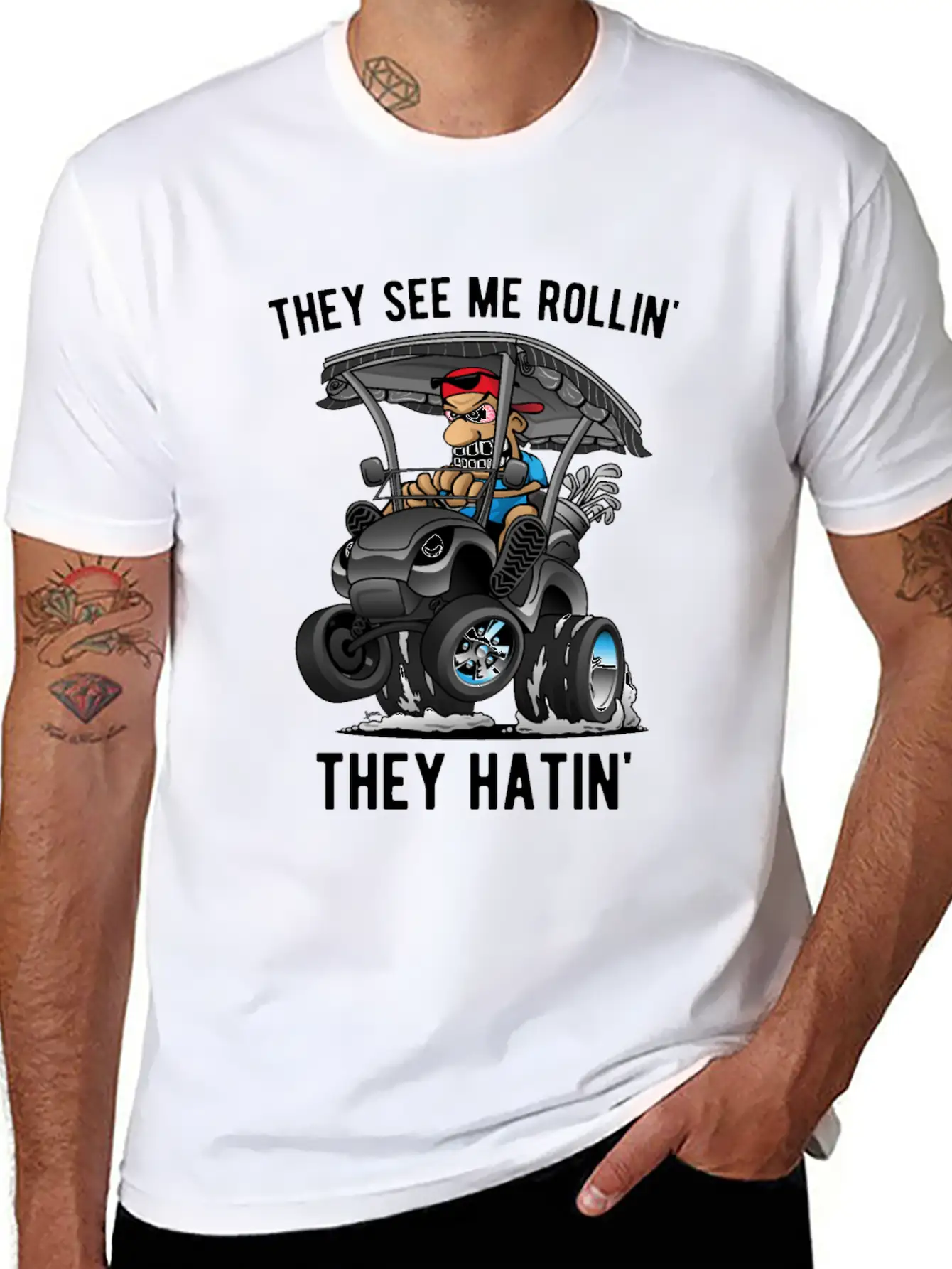 They See Me Rollin' They Hatin' Golf Cart Cartoon Basic Graphic T-Shirt ¨C Daily Comfort In Soft Cotton