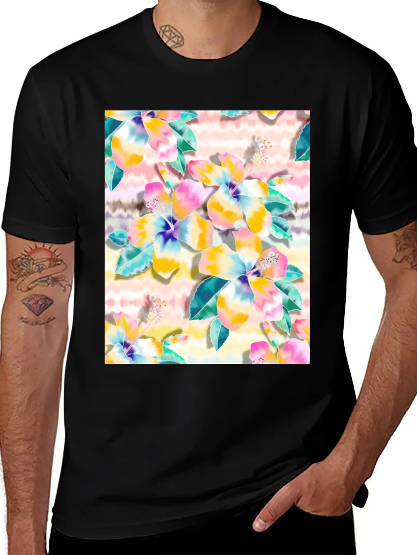 Tie Dye Hibiscus Collage In Pastels Soft Cotton Short Sleeve Tee ¨C Unisex Wardrobe Staple
