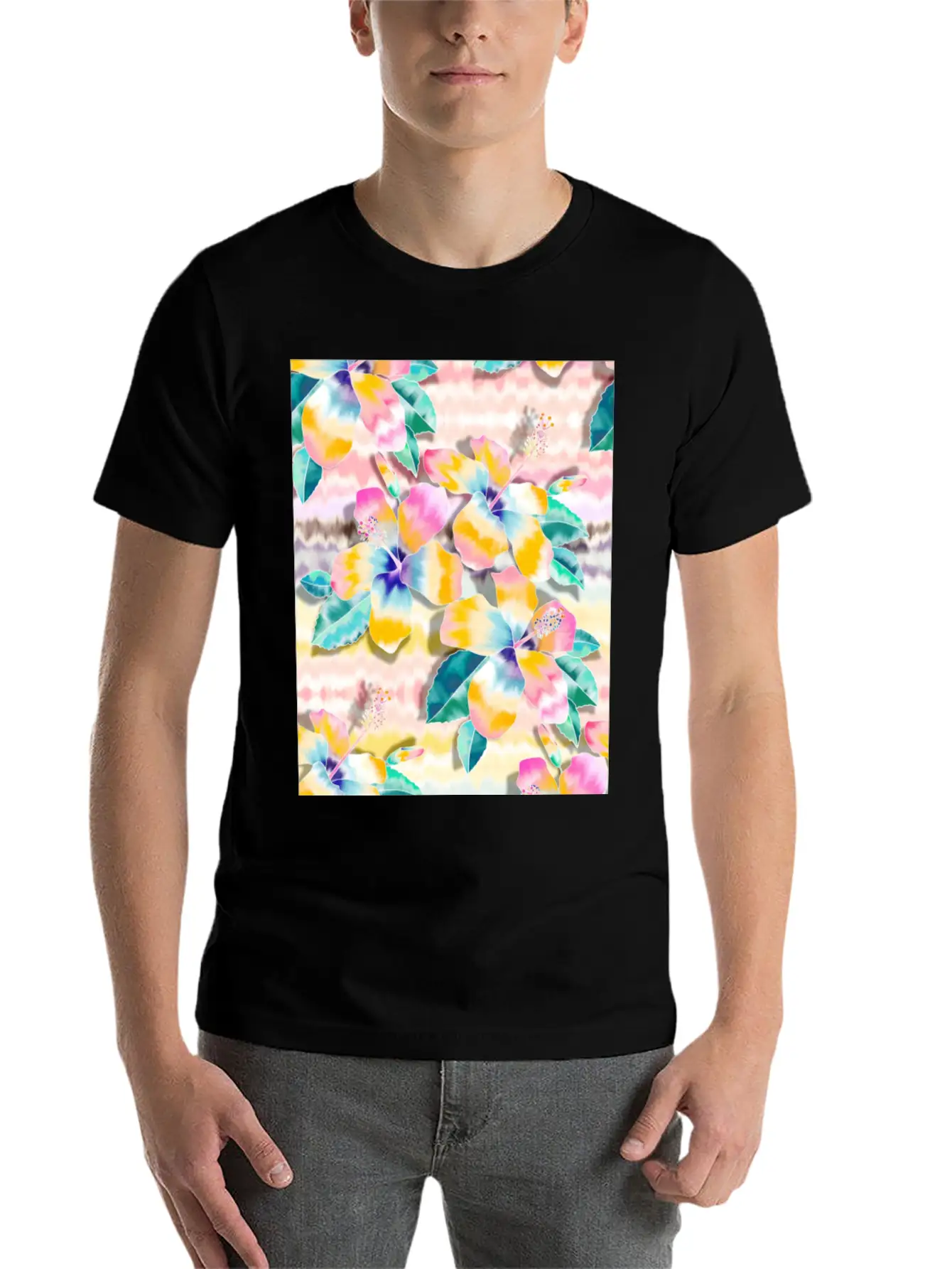 Tie Dye Hibiscus Collage In Pastels Soft Cotton Short Sleeve Tee ¨C Unisex Wardrobe Staple