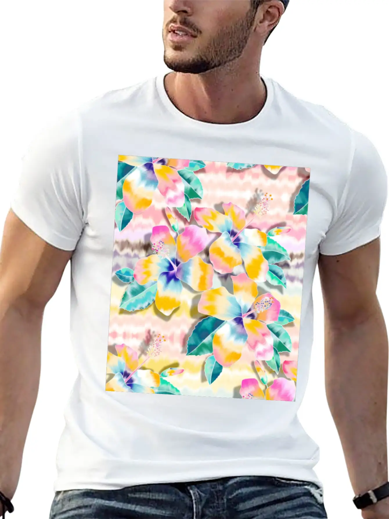 Tie Dye Hibiscus Collage In Pastels Soft Cotton Short Sleeve Tee ¨C Unisex Wardrobe Staple