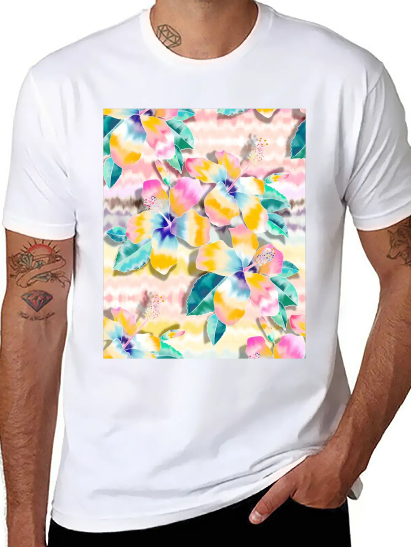 Tie Dye Hibiscus Collage In Pastels Soft Cotton Short Sleeve Tee ¨C Unisex Wardrobe Staple
