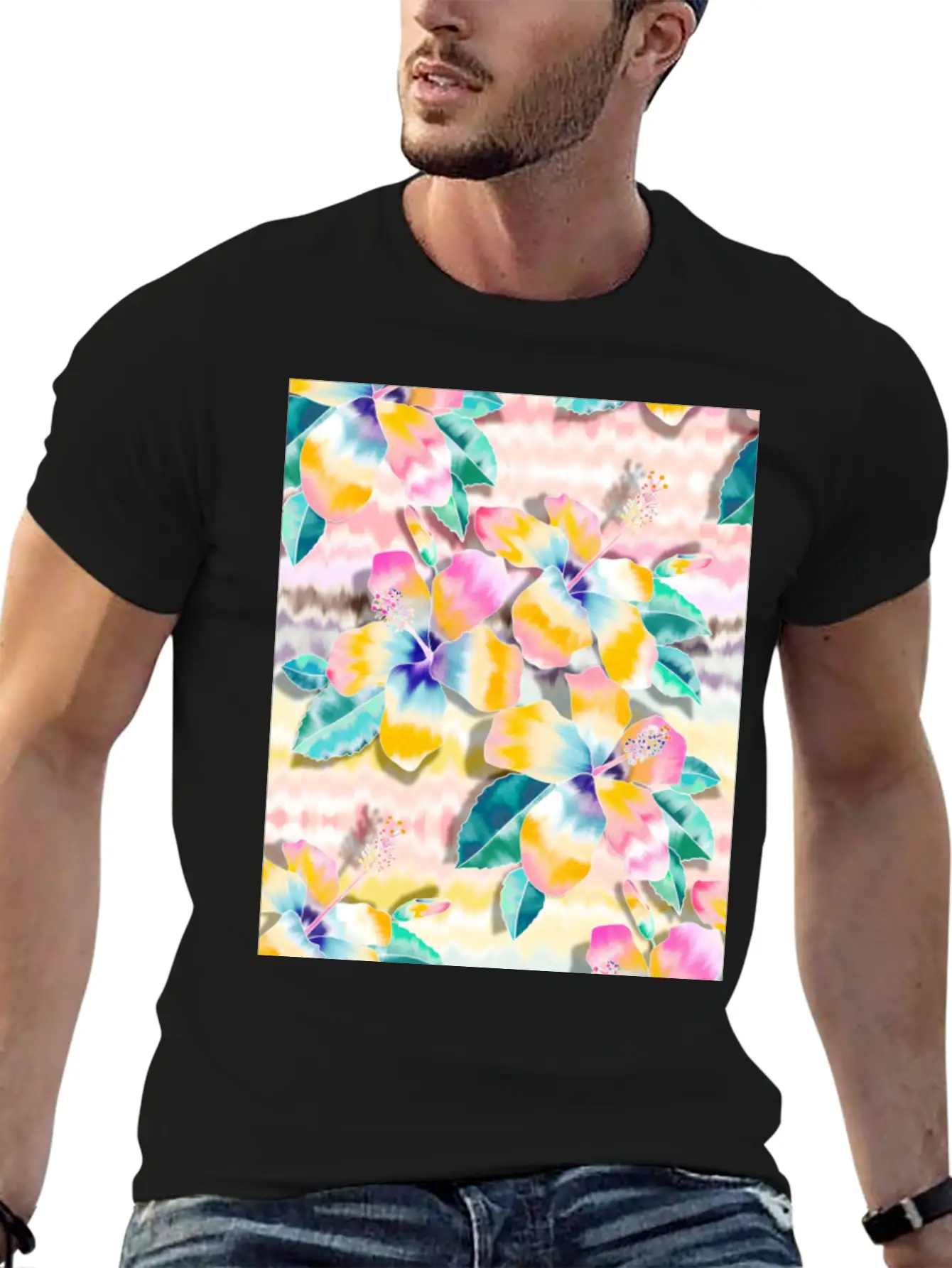 Tie Dye Hibiscus Collage In Pastels Soft Cotton Short Sleeve Tee ¨C Unisex Wardrobe Staple