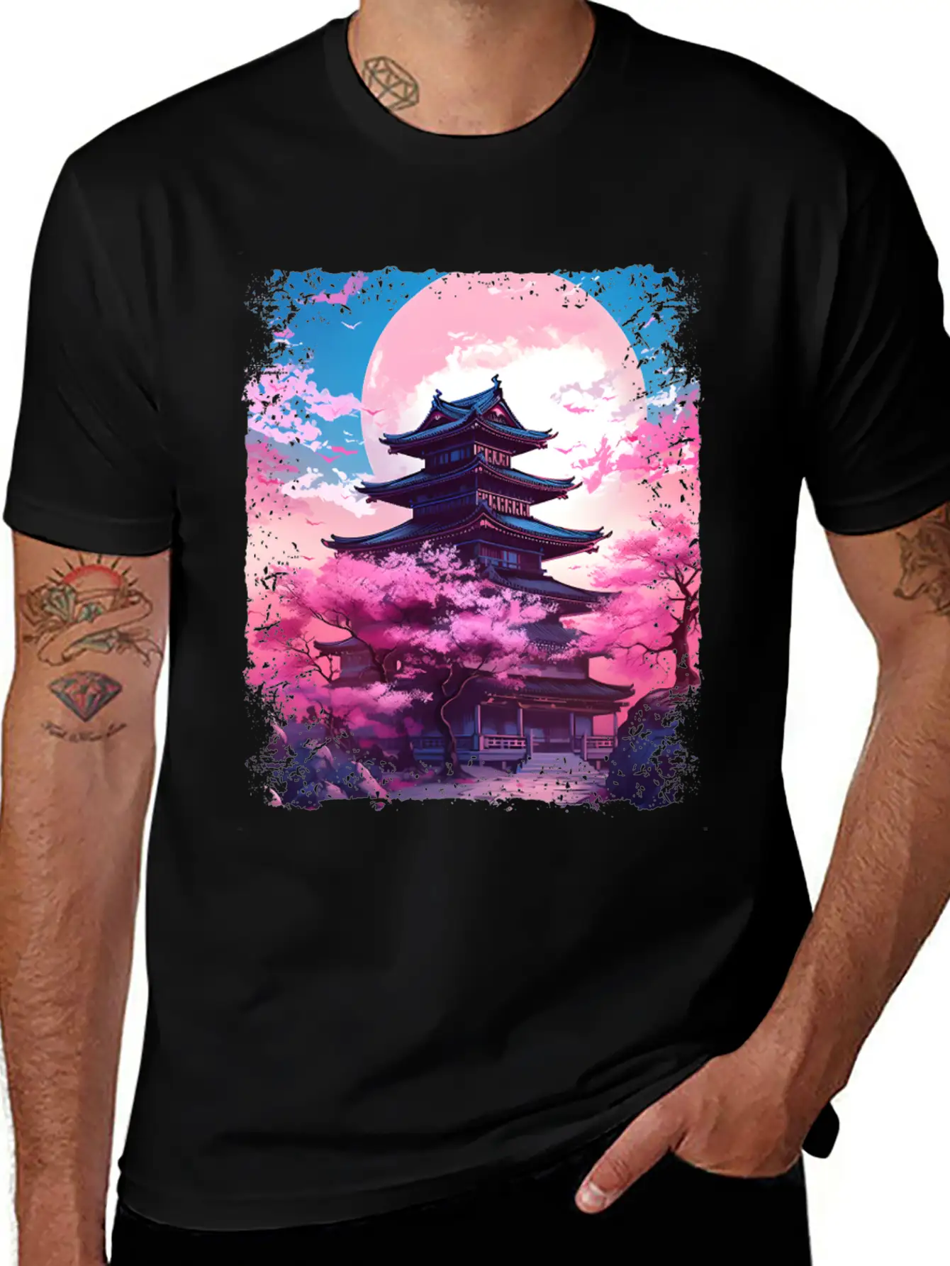 Vaporwave Cherry Blossom Sakura Tree In A Temple Basic Graphic T-Shirt ¨C Daily Comfort In Soft Cotton