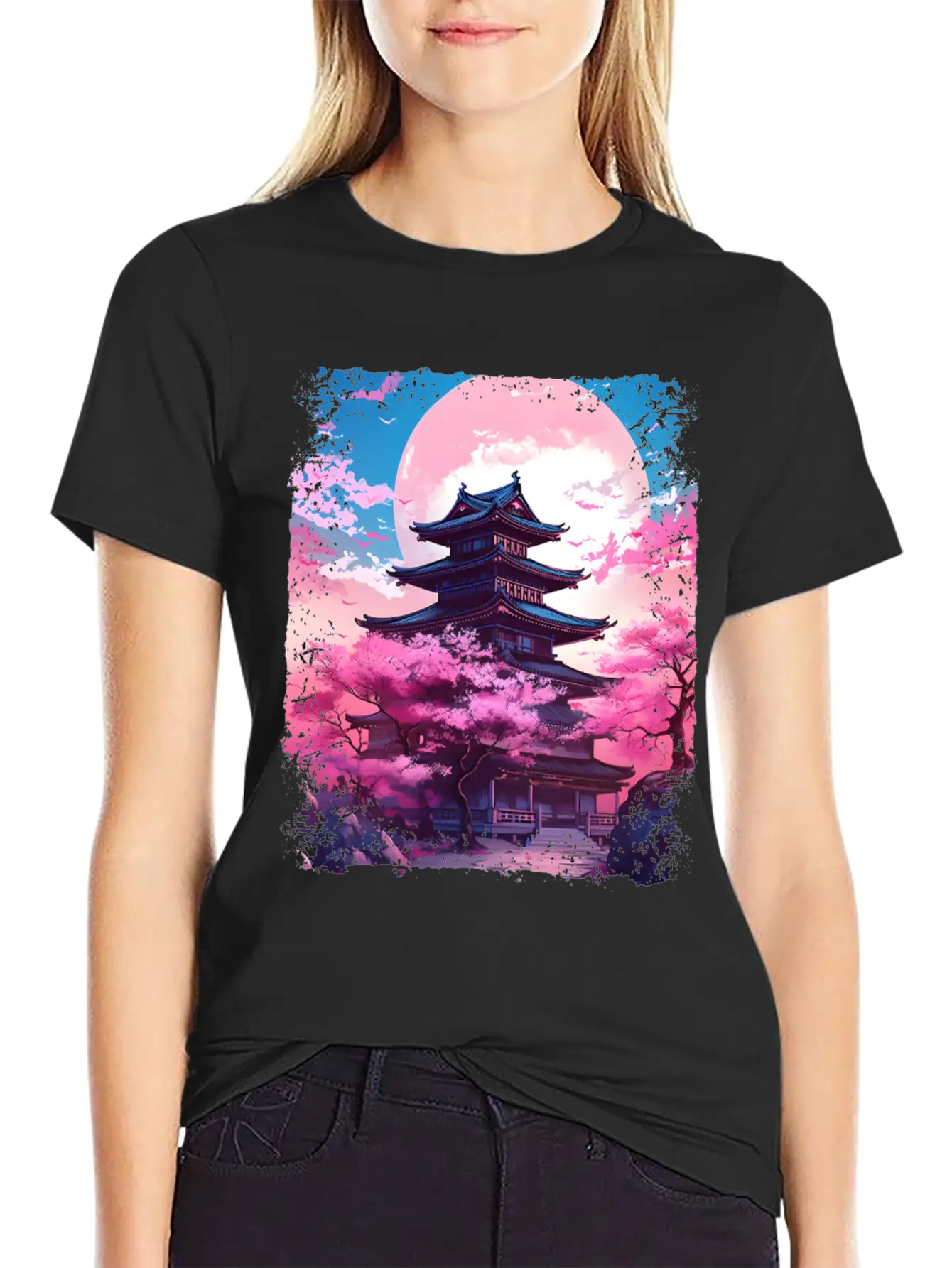 Vaporwave Cherry Blossom Sakura Tree In A Temple Basic Graphic T-Shirt ¨C Daily Comfort In Soft Cotton