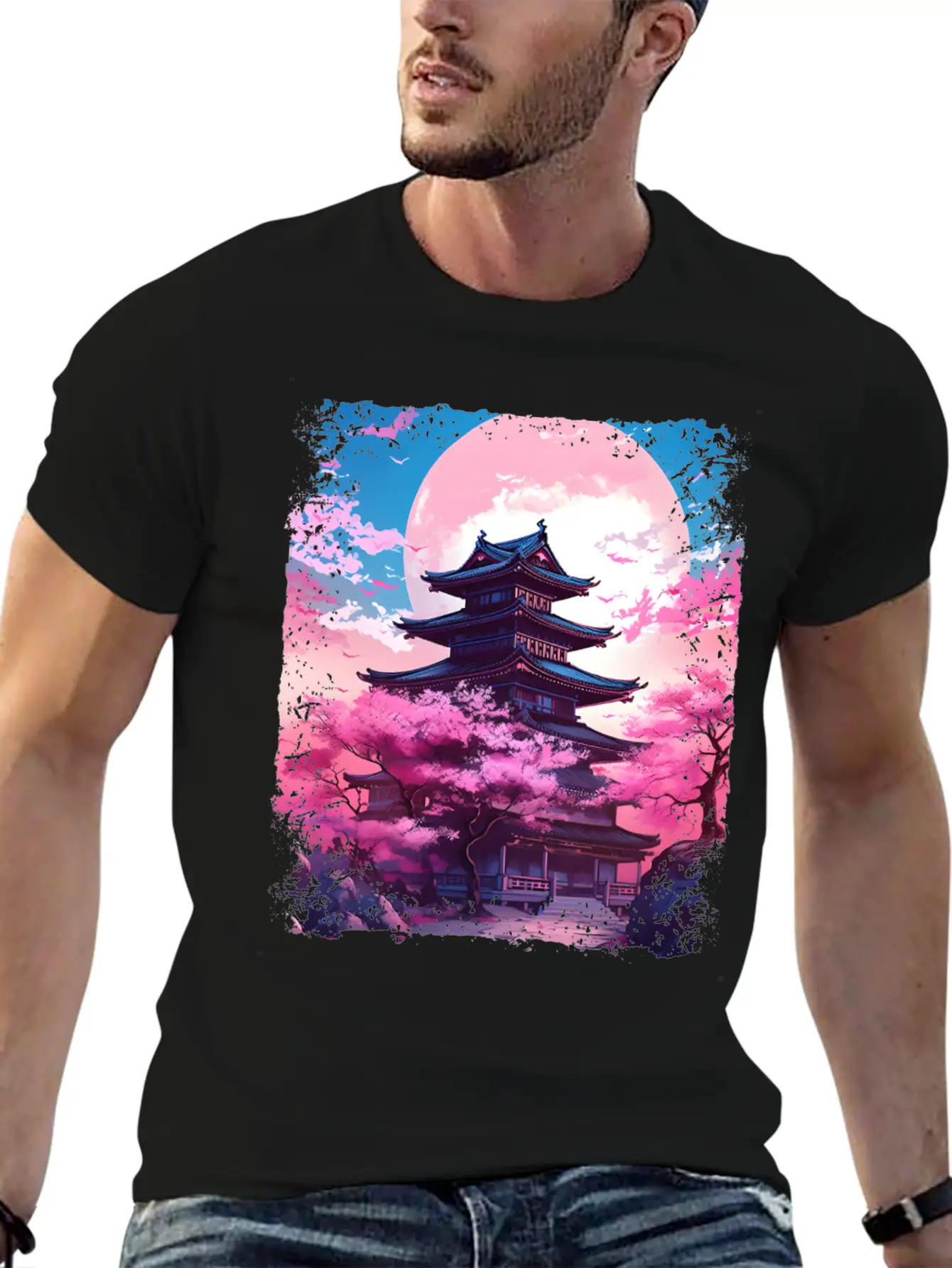 Vaporwave Cherry Blossom Sakura Tree In A Temple Basic Graphic T-Shirt ¨C Daily Comfort In Soft Cotton