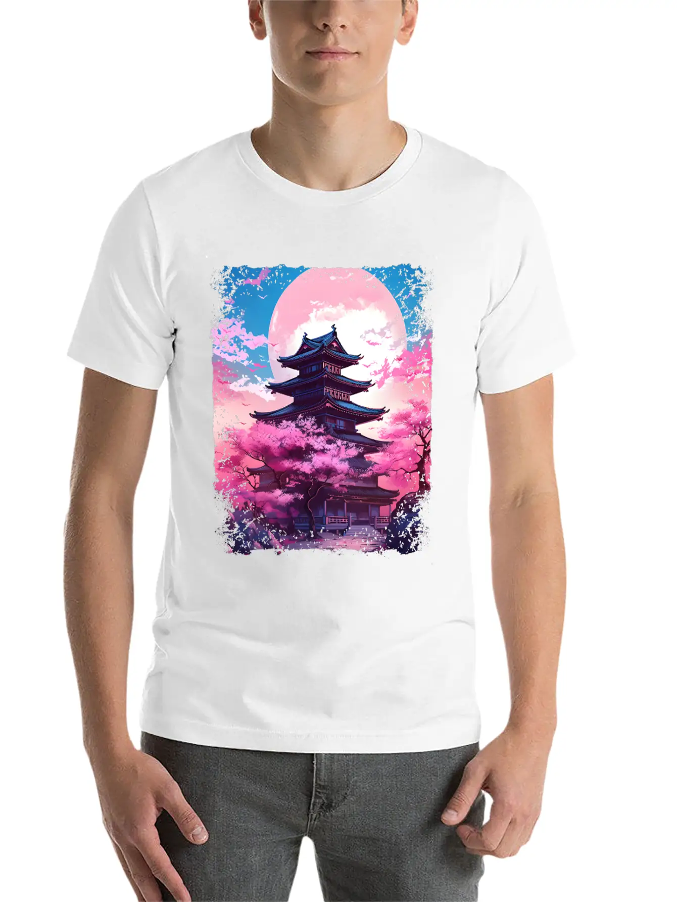 Vaporwave Cherry Blossom Sakura Tree In A Temple Basic Graphic T-Shirt ¨C Daily Comfort In Soft Cotton