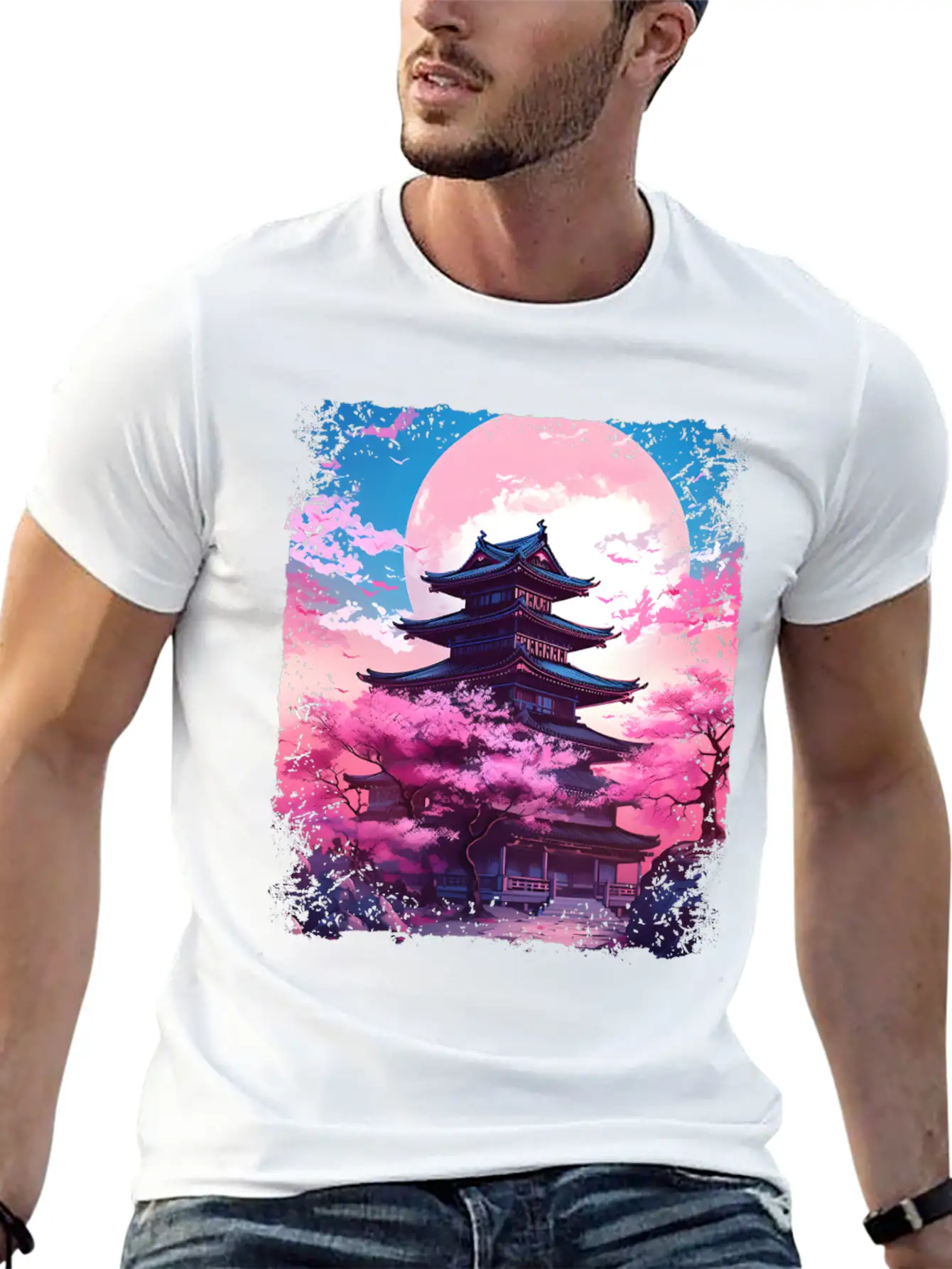 Vaporwave Cherry Blossom Sakura Tree In A Temple Basic Graphic T-Shirt ¨C Daily Comfort In Soft Cotton
