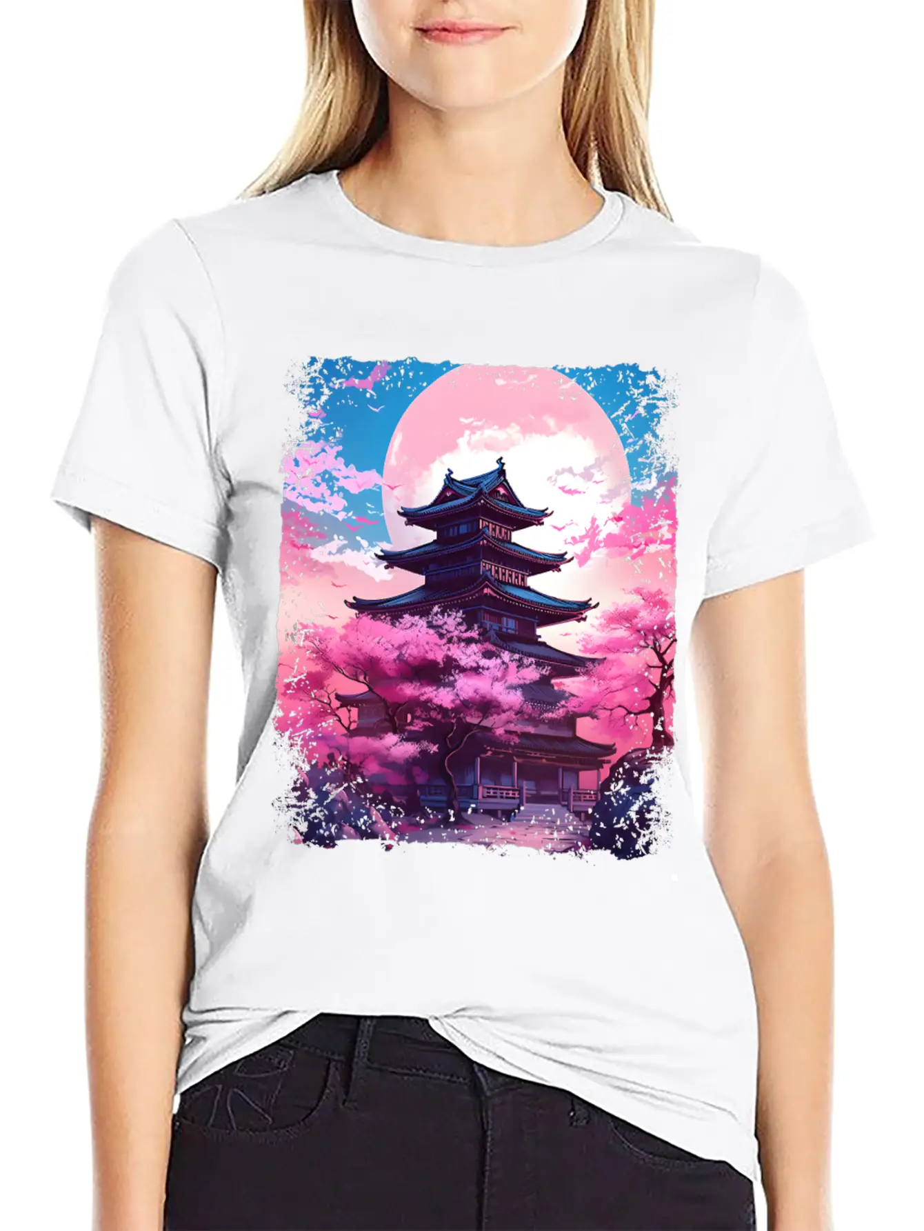 Vaporwave Cherry Blossom Sakura Tree In A Temple Basic Graphic T-Shirt ¨C Daily Comfort In Soft Cotton
