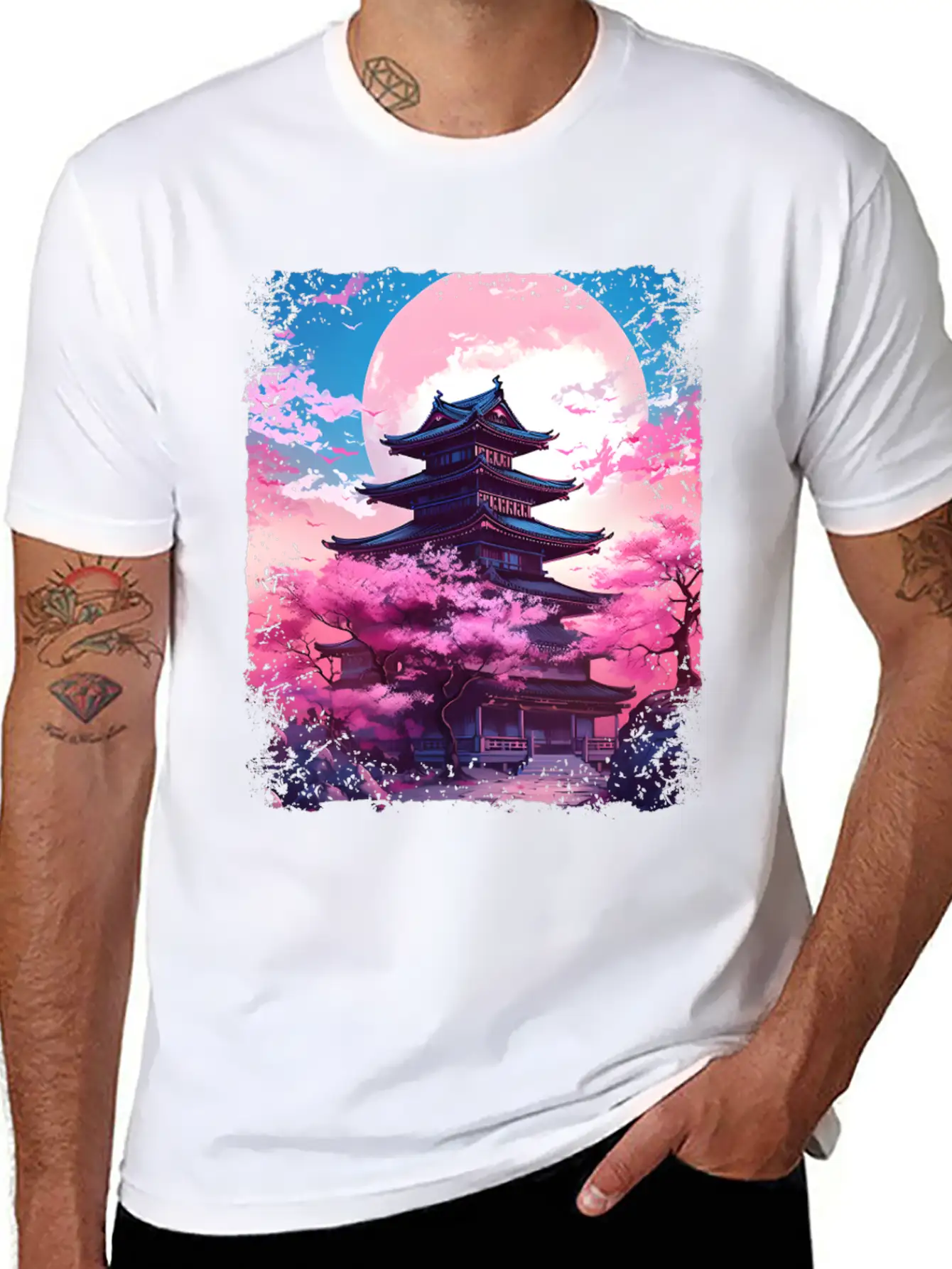 Vaporwave Cherry Blossom Sakura Tree In A Temple Basic Graphic T-Shirt ¨C Daily Comfort In Soft Cotton