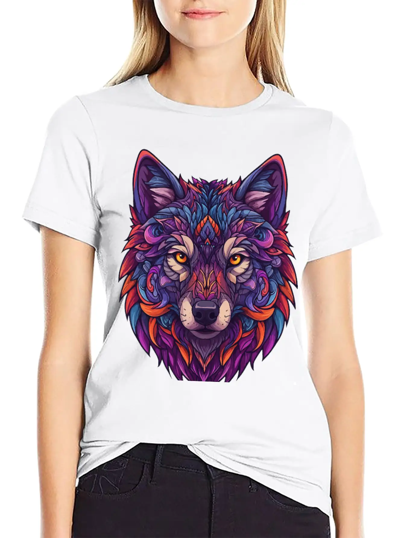 Vibrant Abstract Wolf Illustration Basic Graphic T-Shirt ¨C Daily Comfort In Soft Cotton