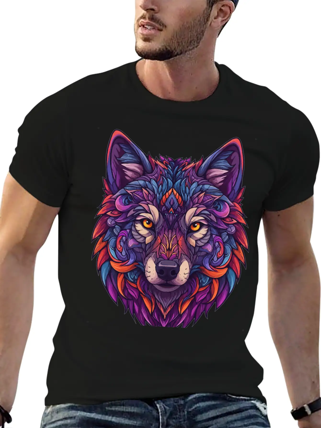 Vibrant Abstract Wolf Illustration Basic Graphic T-Shirt ¨C Daily Comfort In Soft Cotton