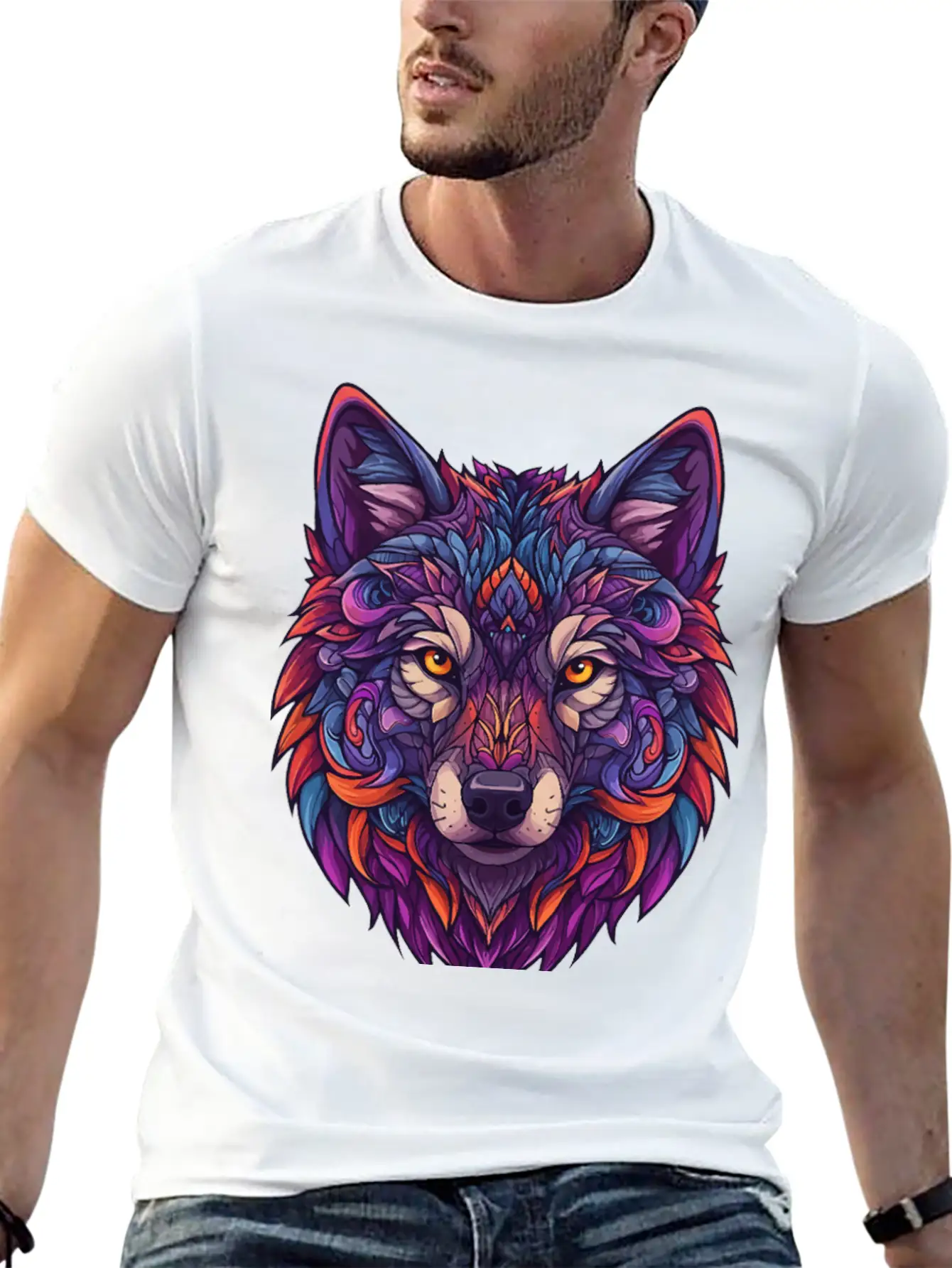 Vibrant Abstract Wolf Illustration Basic Graphic T-Shirt ¨C Daily Comfort In Soft Cotton