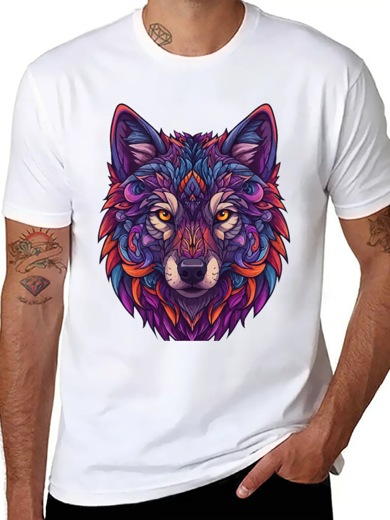 Vibrant Abstract Wolf Illustration Basic Graphic T-Shirt ¨C Daily Comfort In Soft Cotton