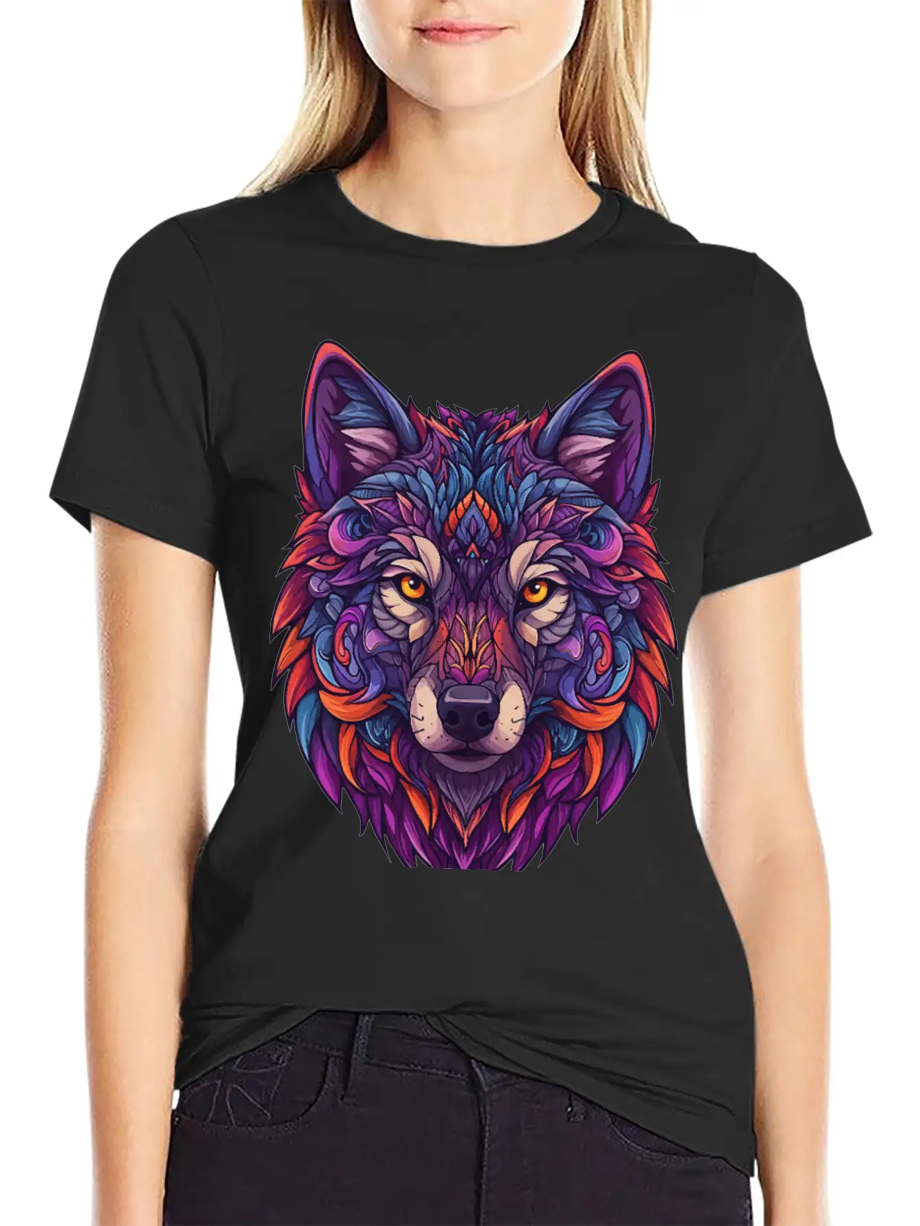 Vibrant Abstract Wolf Illustration Basic Graphic T-Shirt ¨C Daily Comfort In Soft Cotton