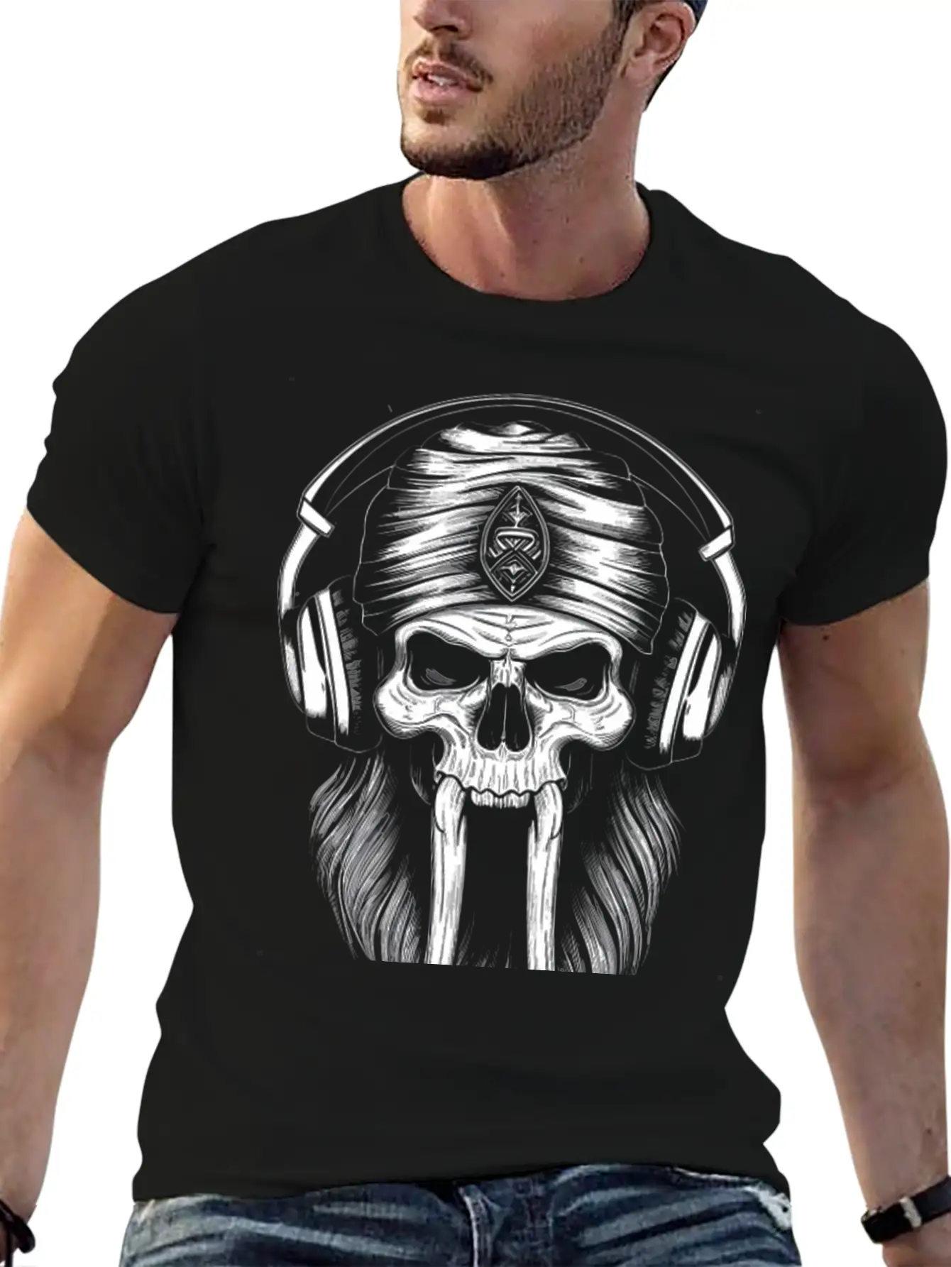 Viking Vintage Skull Beard With Headphone Basic Graphic T-Shirt ¨C Daily Comfort In Soft Cotton