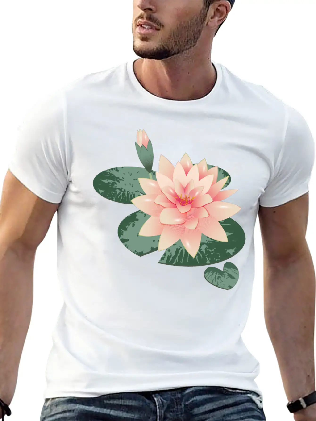 Water Lily Flower With Bud In Water Lily Pond Basic Graphic T-Shirt ¨C Daily Comfort In Soft Cotton
