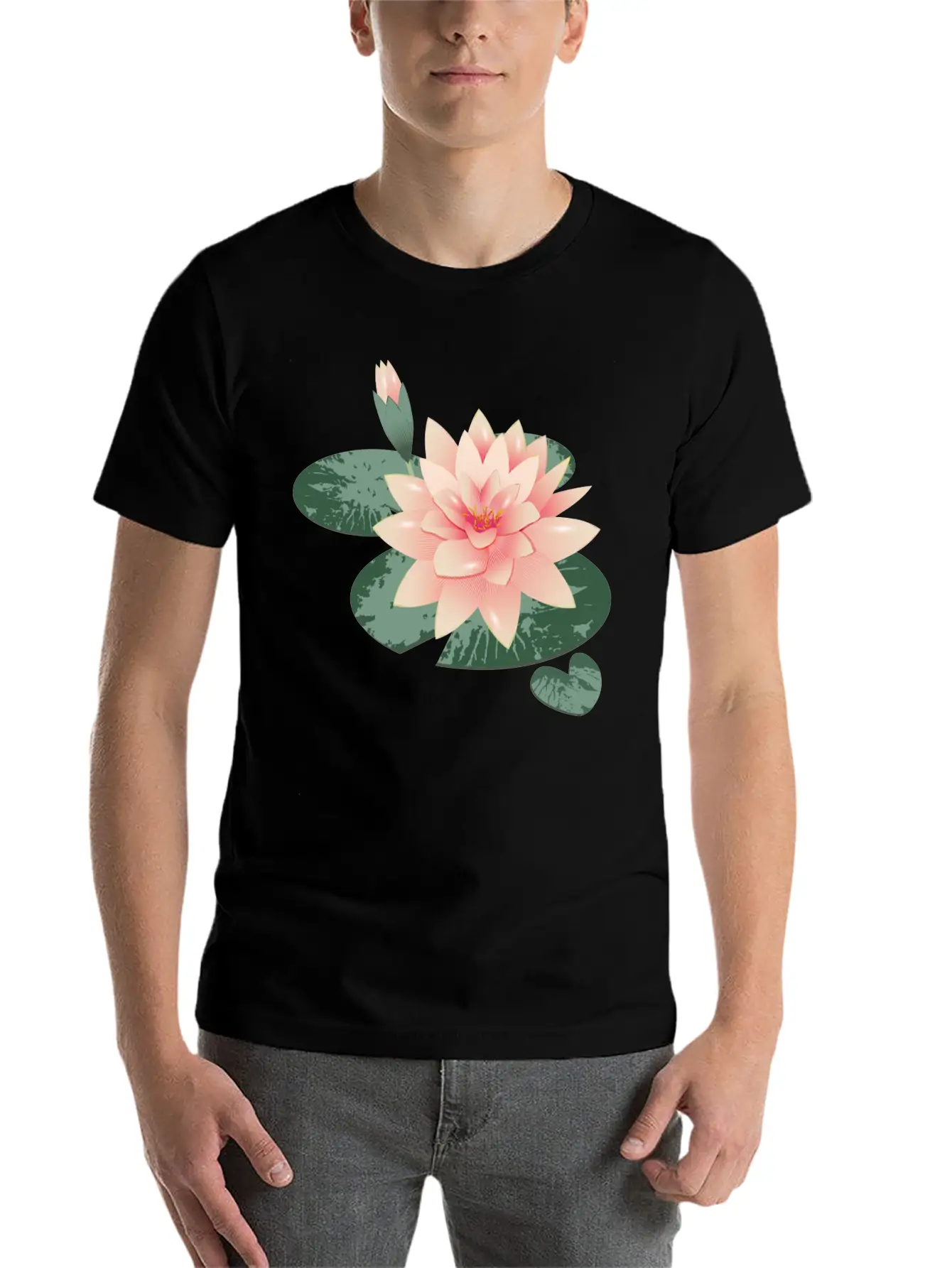 Water Lily Flower With Bud In Water Lily Pond Basic Graphic T-Shirt ¨C Daily Comfort In Soft Cotton