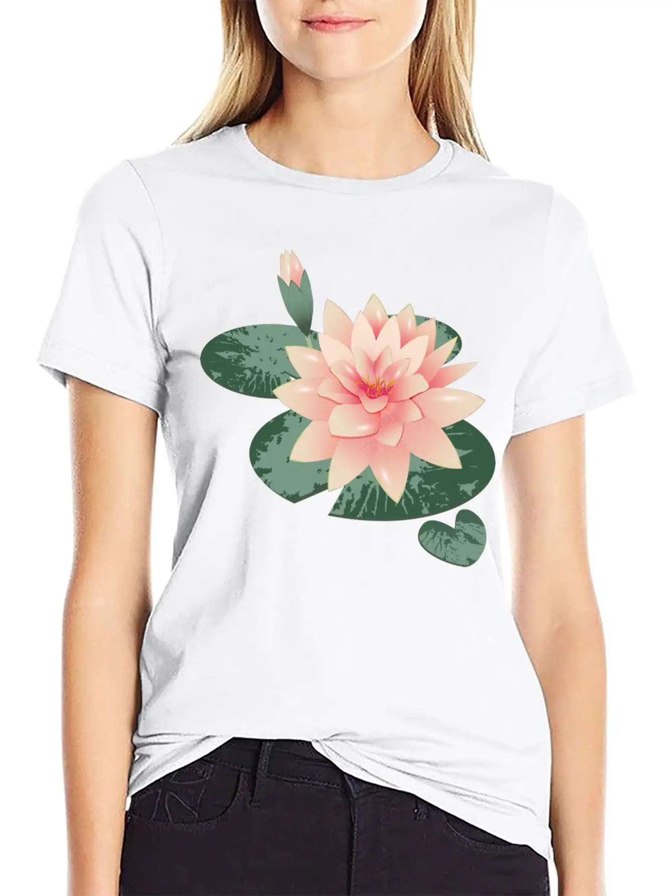 Water Lily Flower With Bud In Water Lily Pond Basic Graphic T-Shirt ¨C Daily Comfort In Soft Cotton