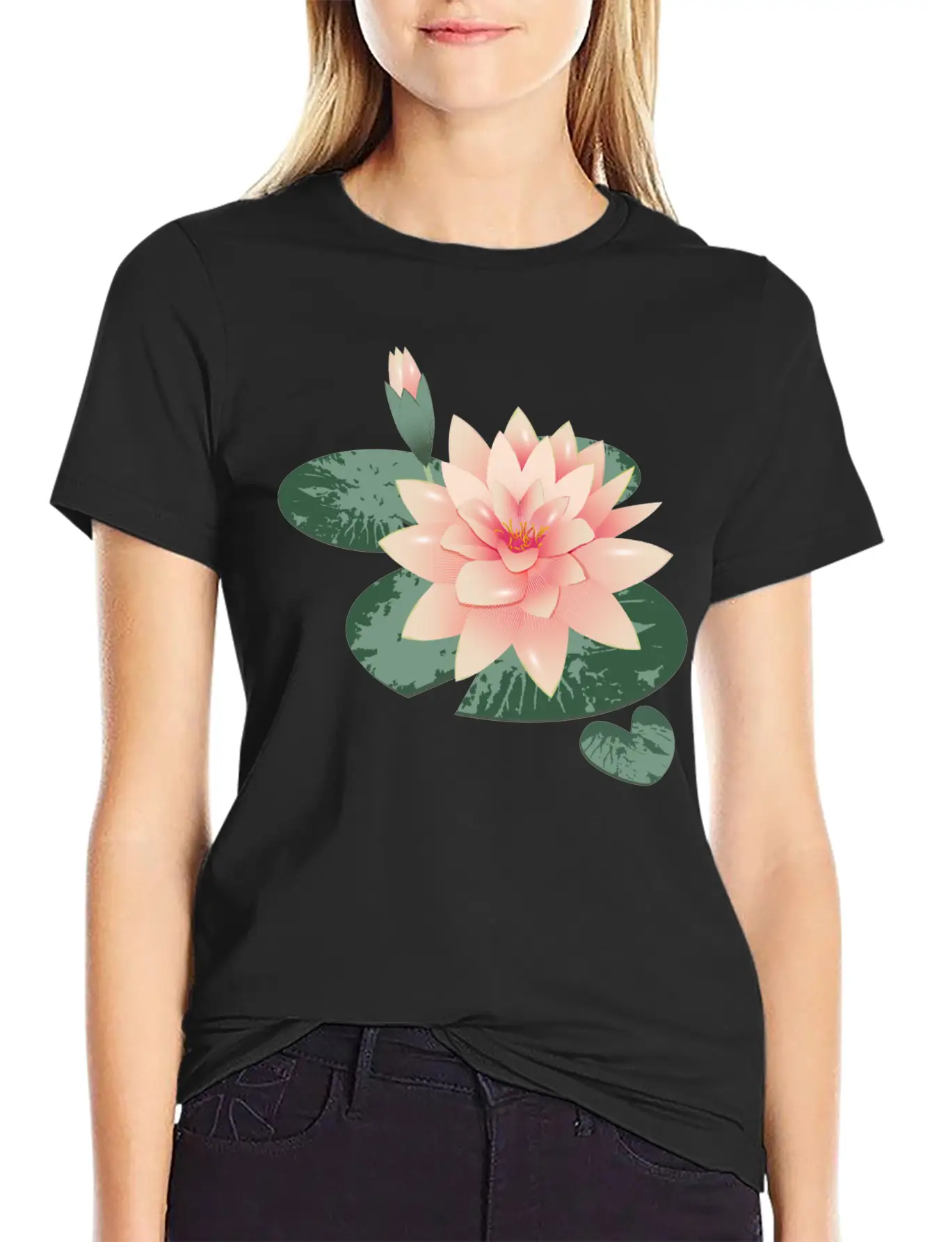 Water Lily Flower With Bud In Water Lily Pond Basic Graphic T-Shirt ¨C Daily Comfort In Soft Cotton