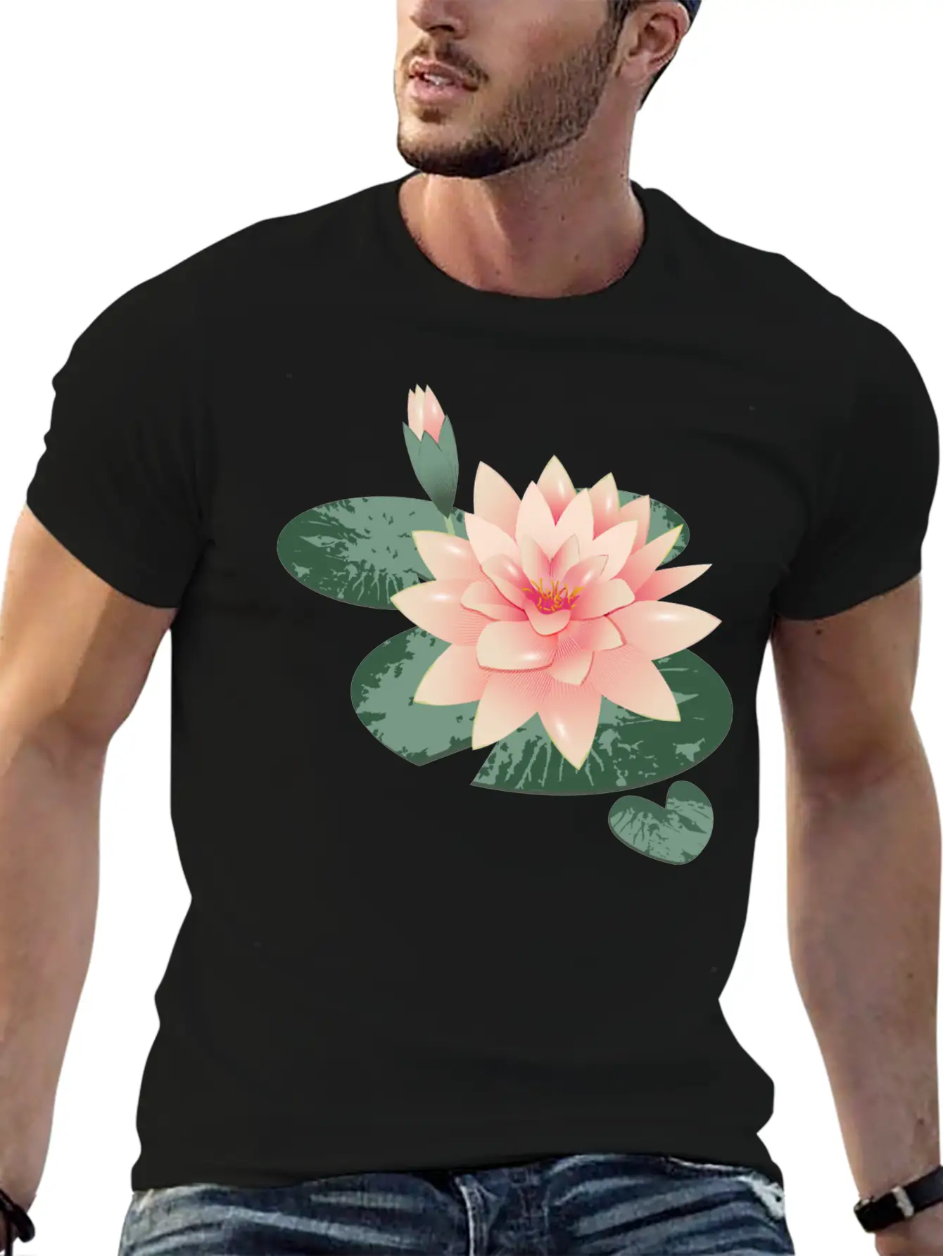 Water Lily Flower With Bud In Water Lily Pond Basic Graphic T-Shirt ¨C Daily Comfort In Soft Cotton