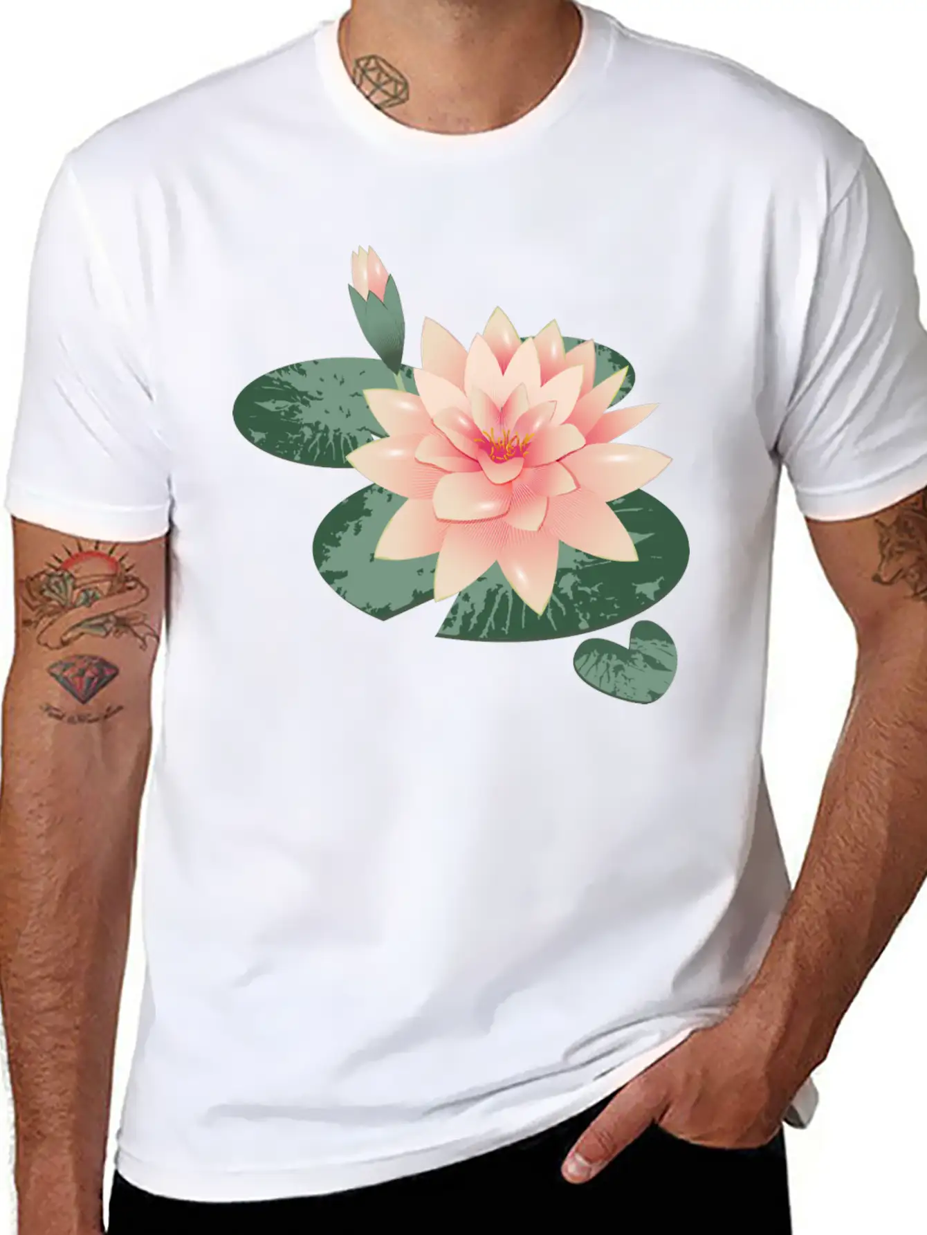 Water Lily Flower With Bud In Water Lily Pond Basic Graphic T-Shirt ¨C Daily Comfort In Soft Cotton