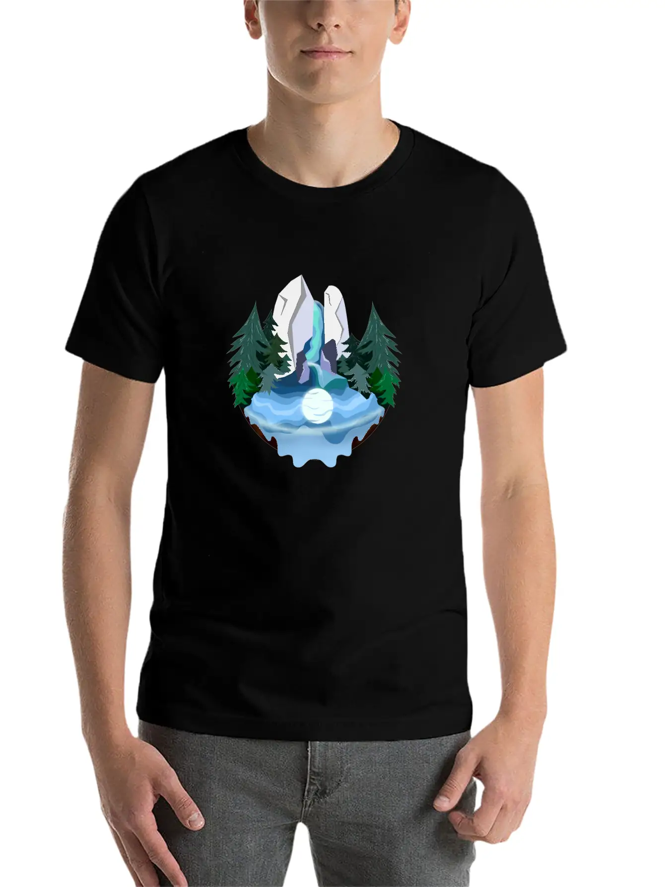 Waterfall In Forest At Night Essential Cotton Tee For Daily Outfits ¨C Unisex Style