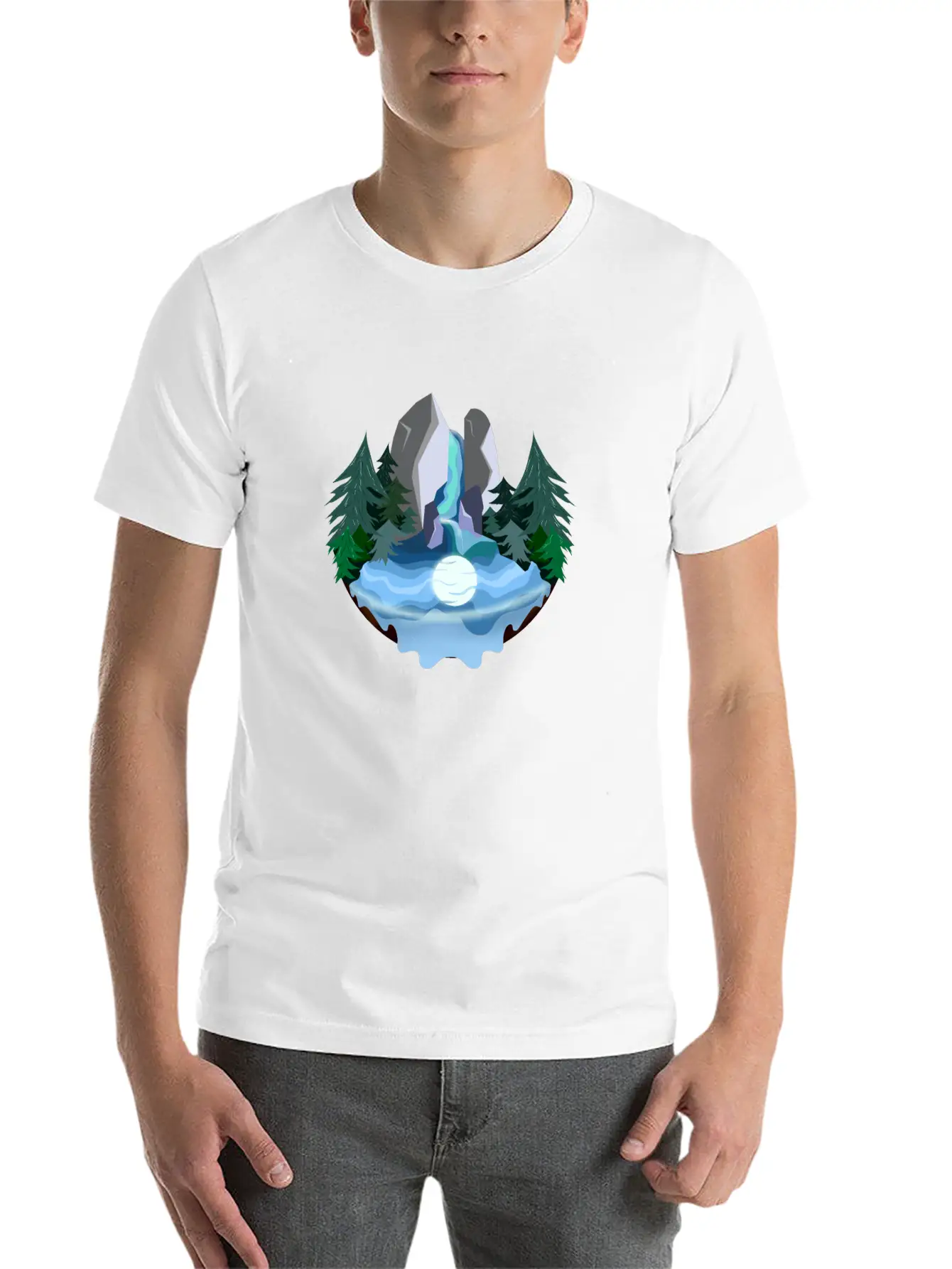 Waterfall In Forest At Night Essential Cotton Tee For Daily Outfits ¨C Unisex Style