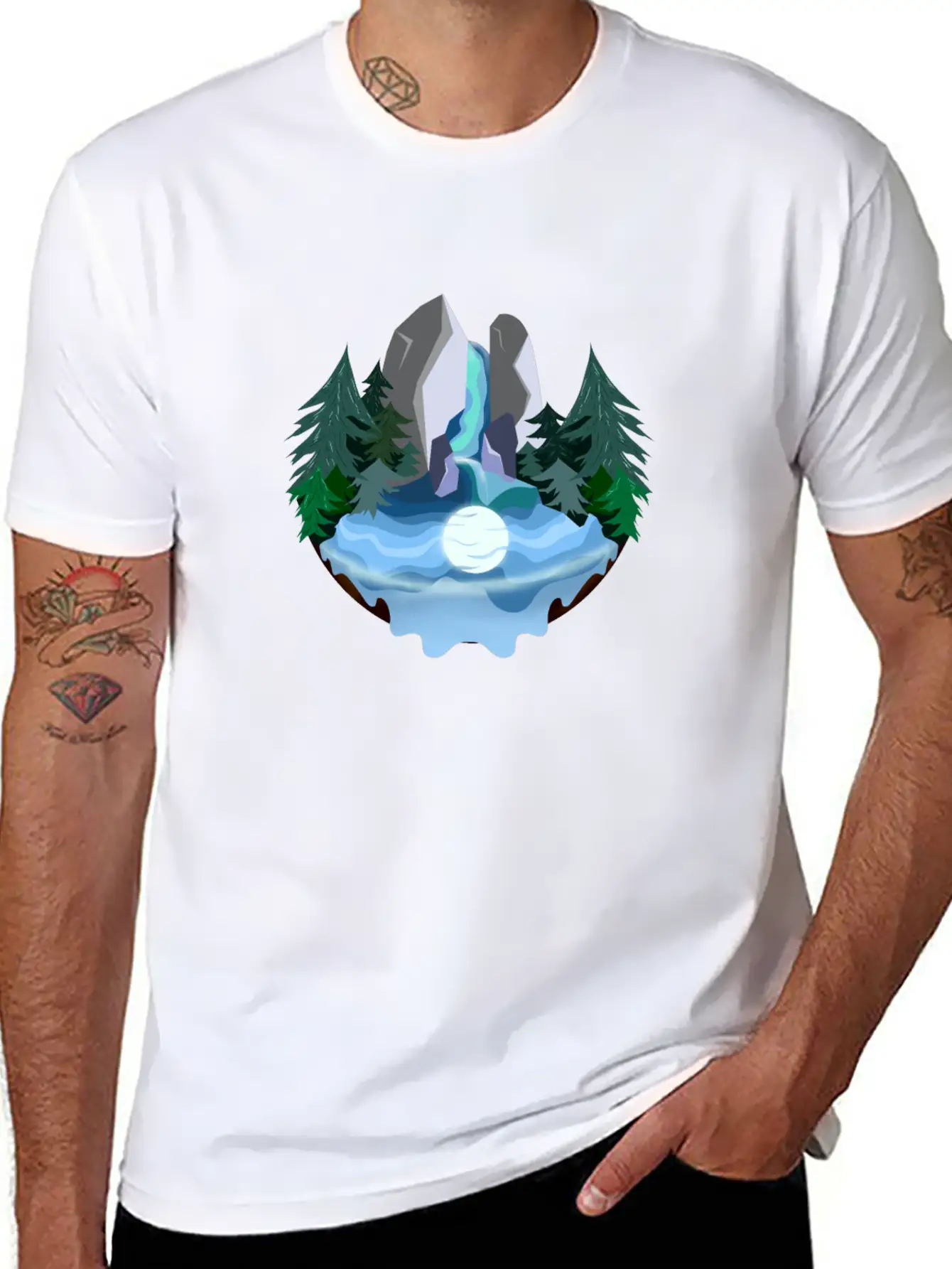 Waterfall In Forest At Night Essential Cotton Tee For Daily Outfits ¨C Unisex Style